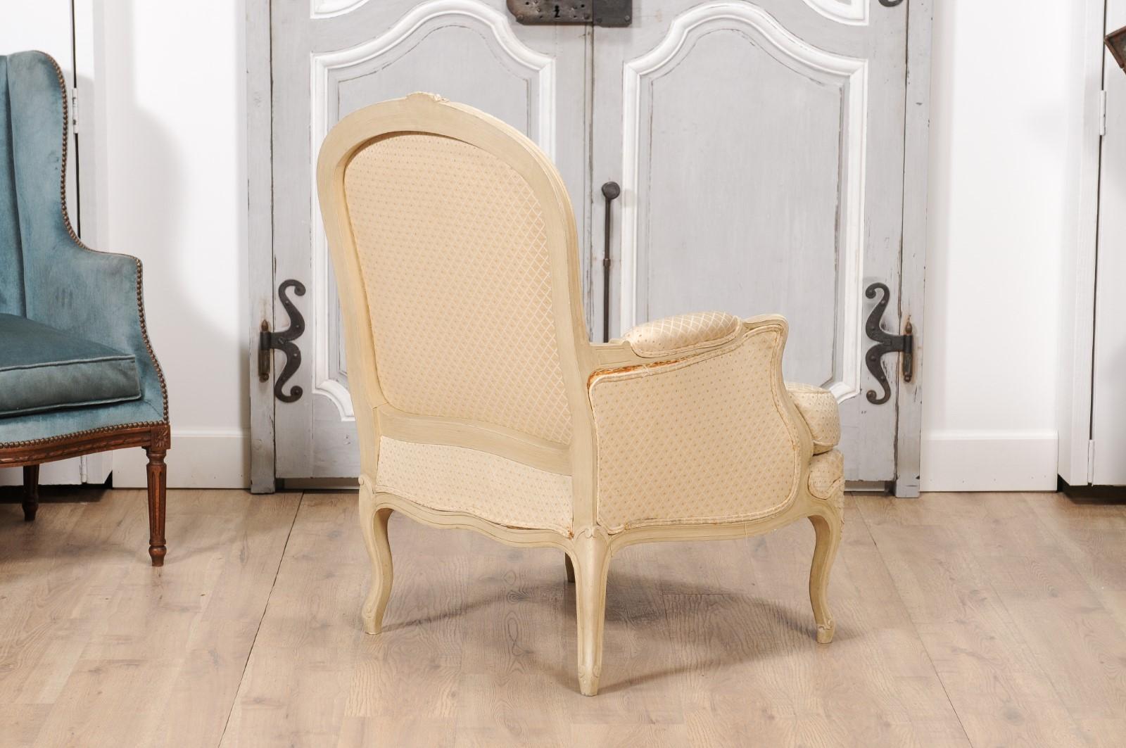 Louis XV Style French Cream Painted Wood Carved Bergères Chairs, a Pair 10