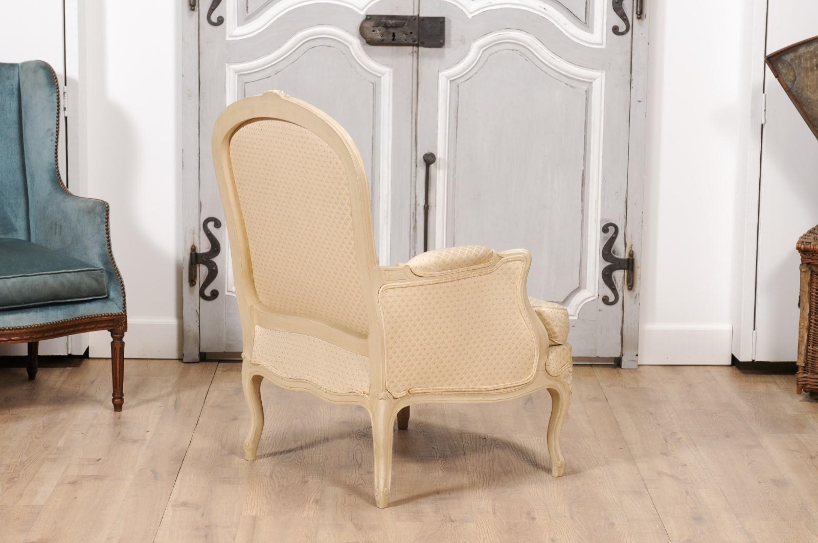 Louis XV Style French Cream Painted Wood Carved Bergères Chairs, a Pair 1