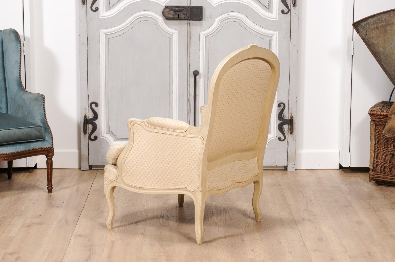 Louis XV Style French Cream Painted Wood Carved Bergères Chairs, a Pair 3