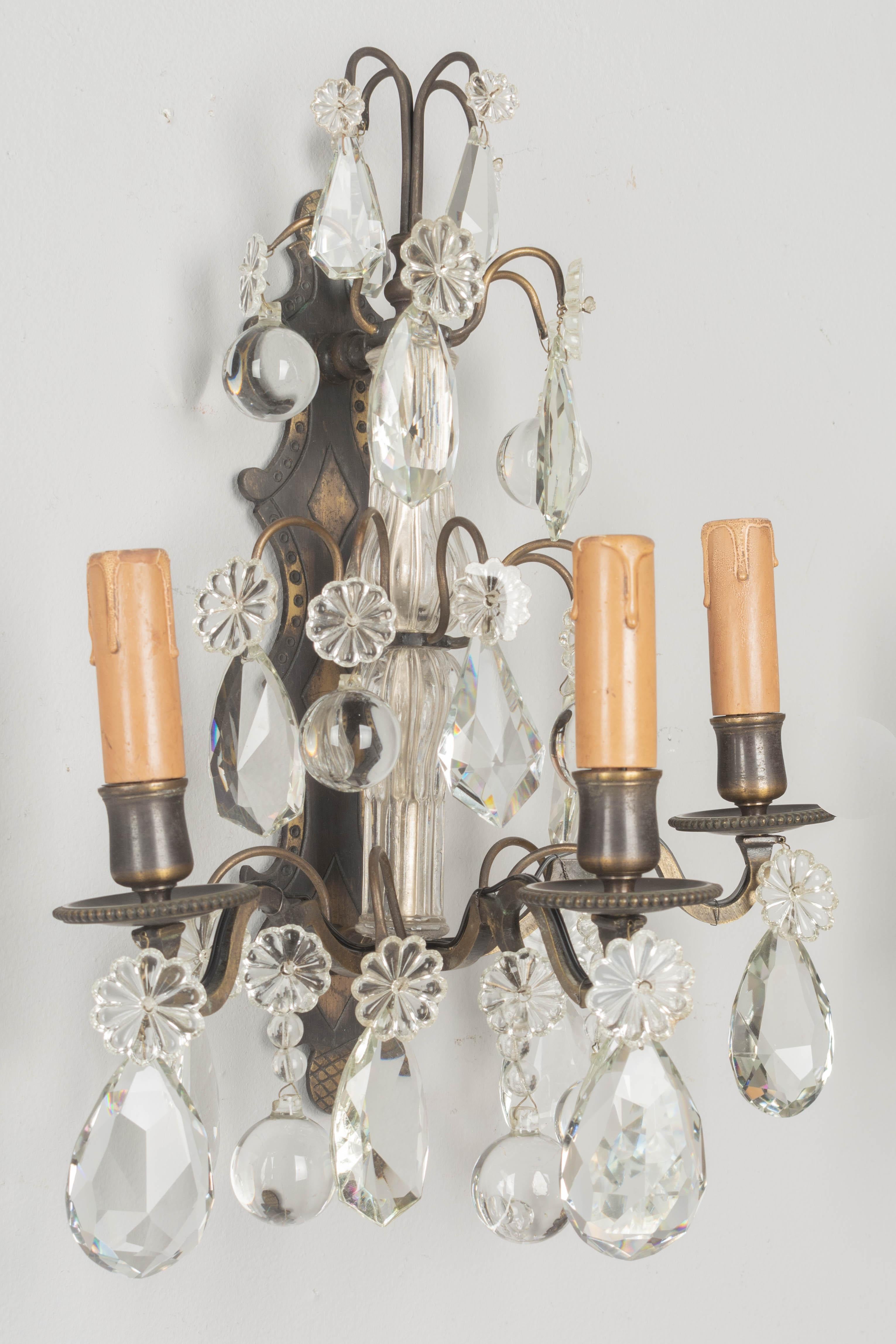 20th Century Louis XV Style French Crystal and Brass Sconces, a Pair For Sale