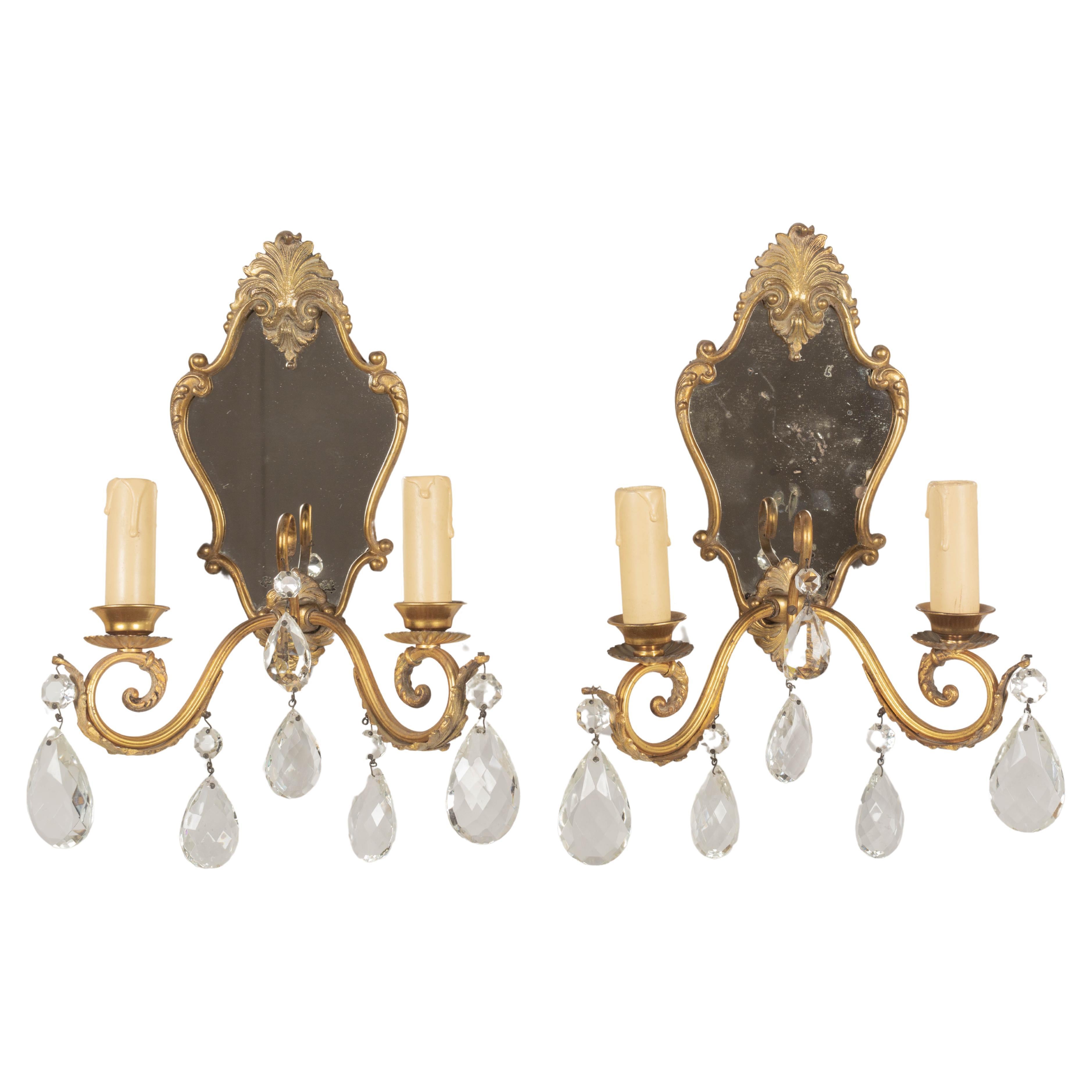 Louis XV Style French Crystal and Brass Sconces, a Pair For Sale