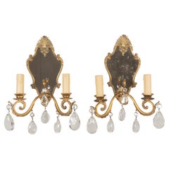 Vintage Louis XV Style French Crystal and Brass Sconces, a Pair