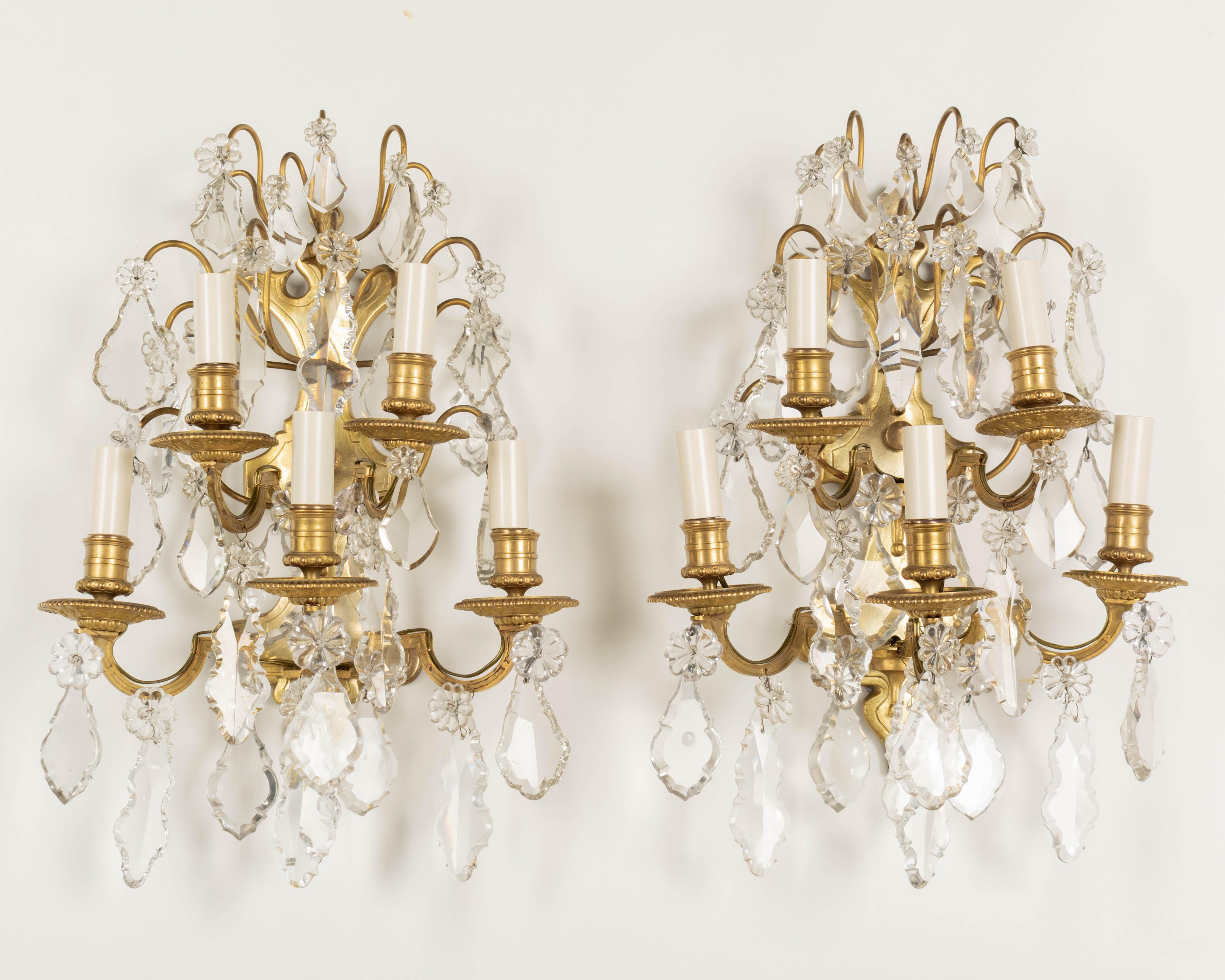Cast Louis XV Style French Crystal and Bronze Sconces, a Pair For Sale
