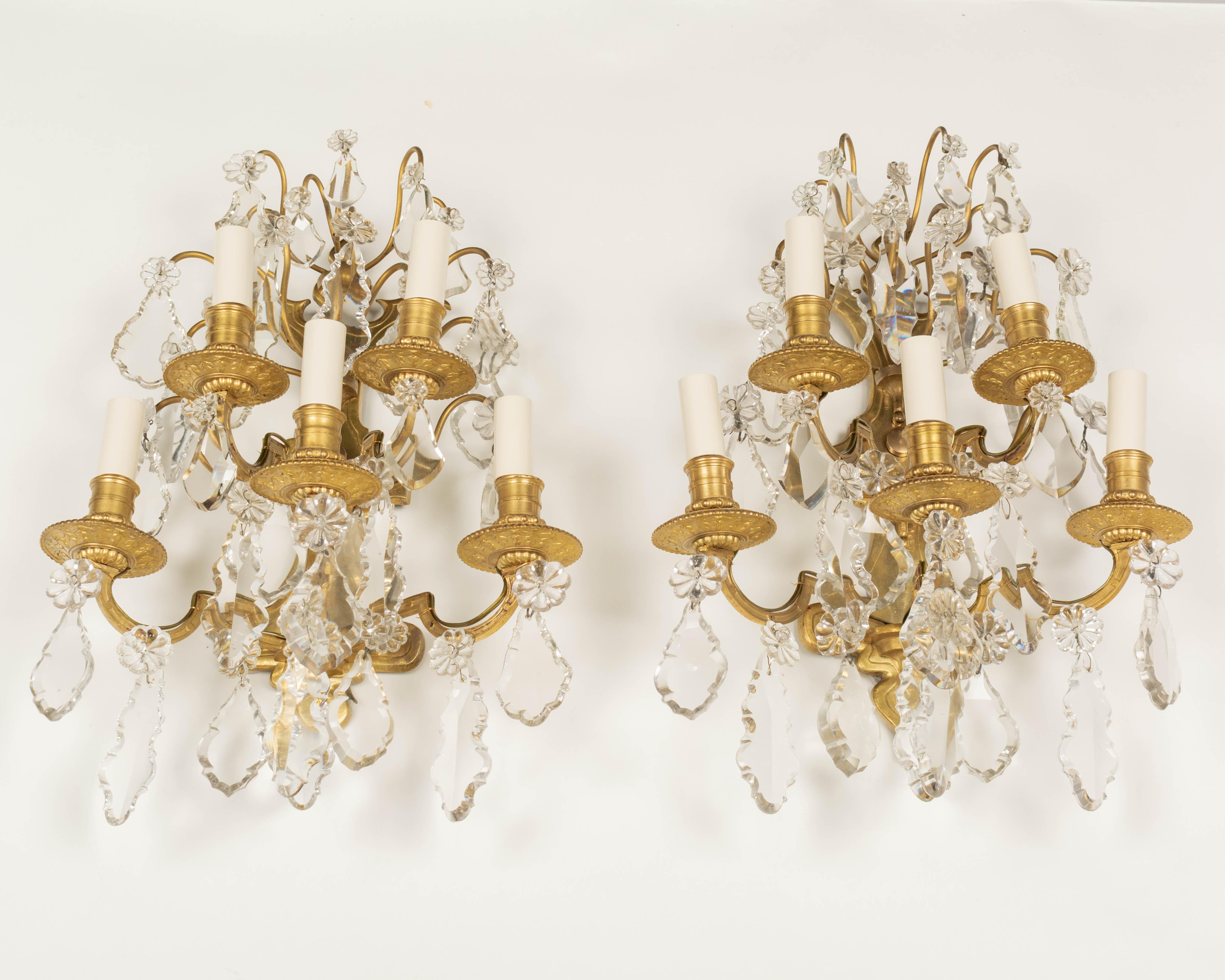 20th Century Louis XV Style French Crystal and Bronze Sconces, a Pair For Sale