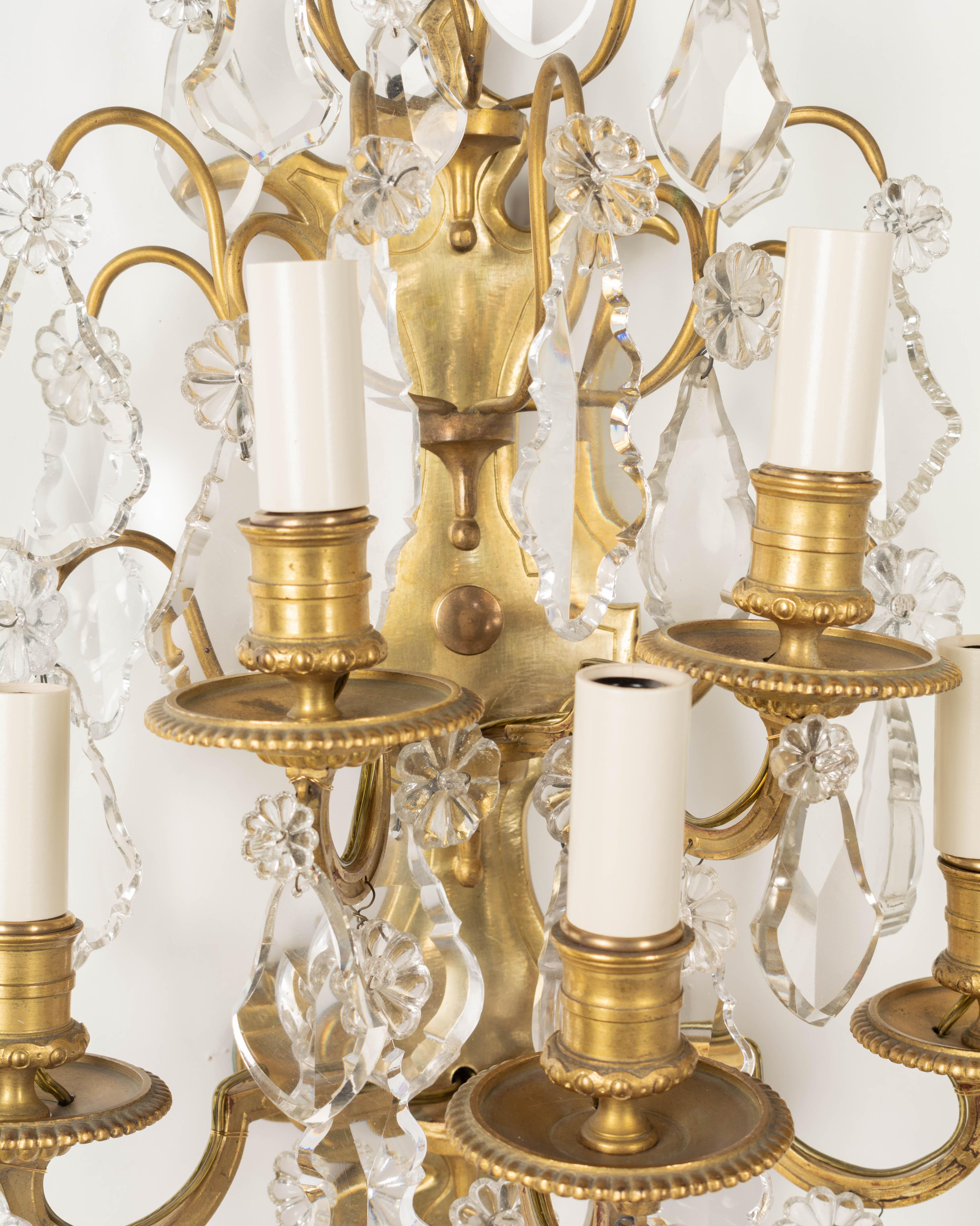 Louis XV Style French Crystal and Bronze Sconces, a Pair For Sale 2
