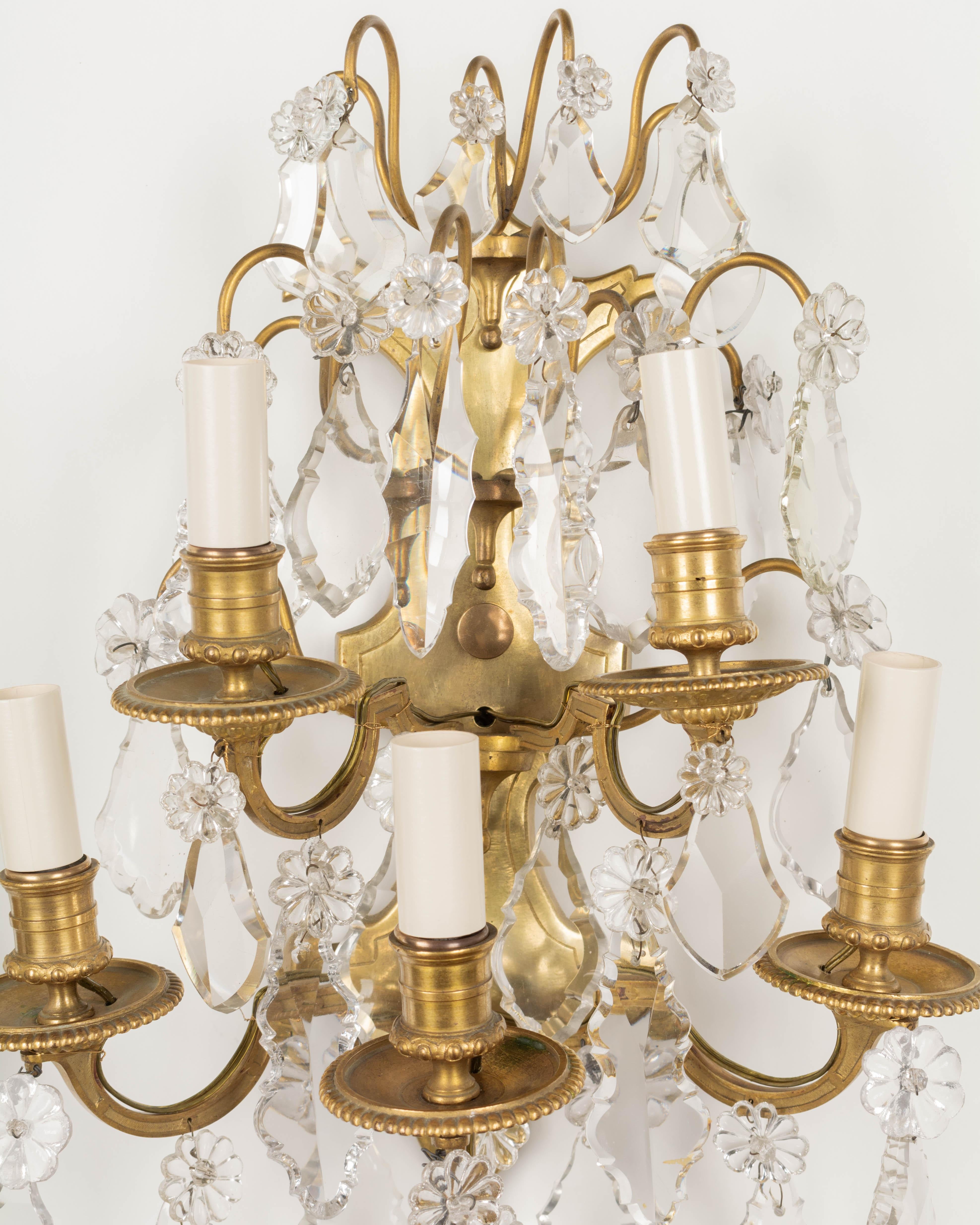 Louis XV Style French Crystal and Bronze Sconces, a Pair For Sale 3