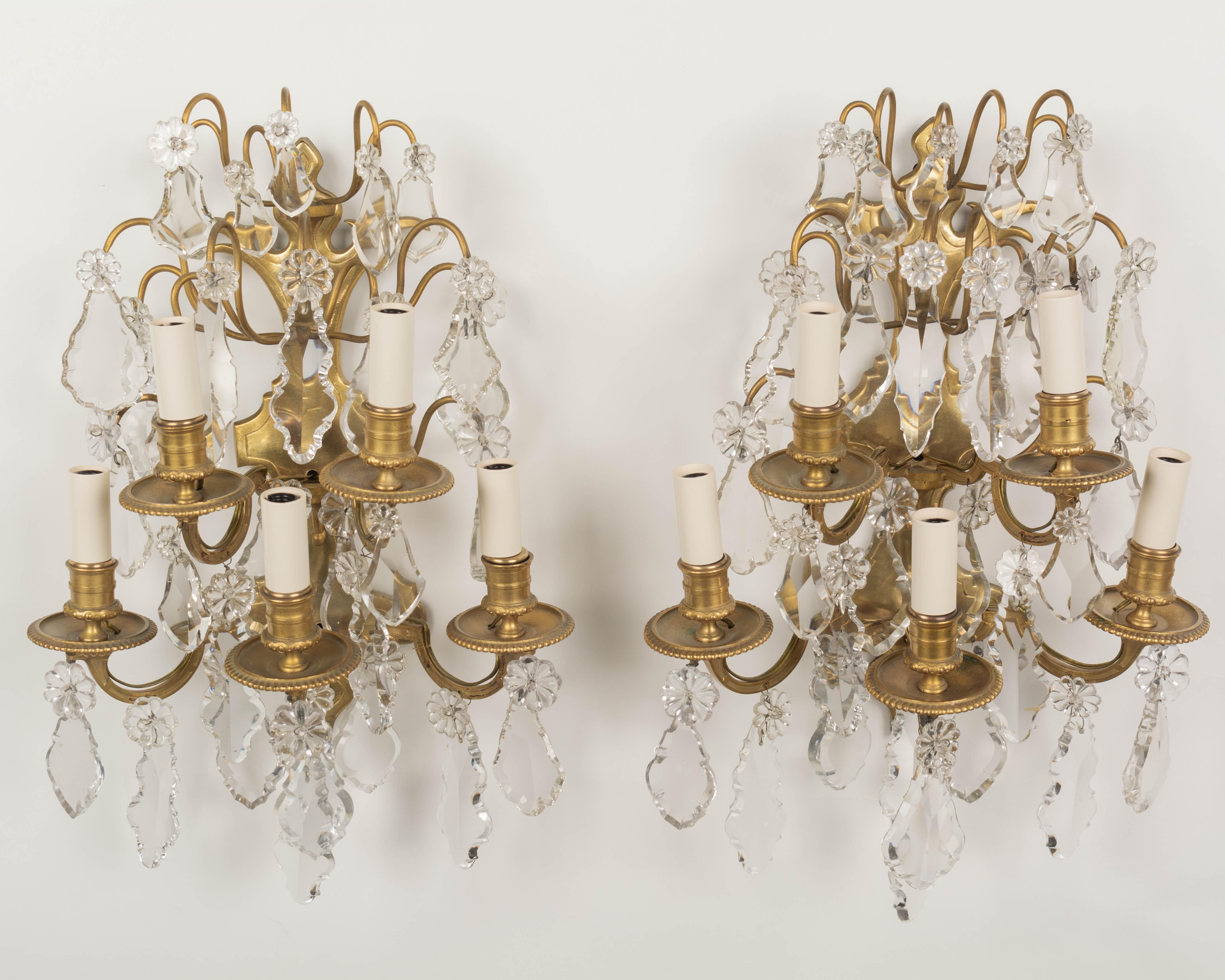 Louis XV Style French Crystal and Bronze Sconces, a Pair For Sale 4