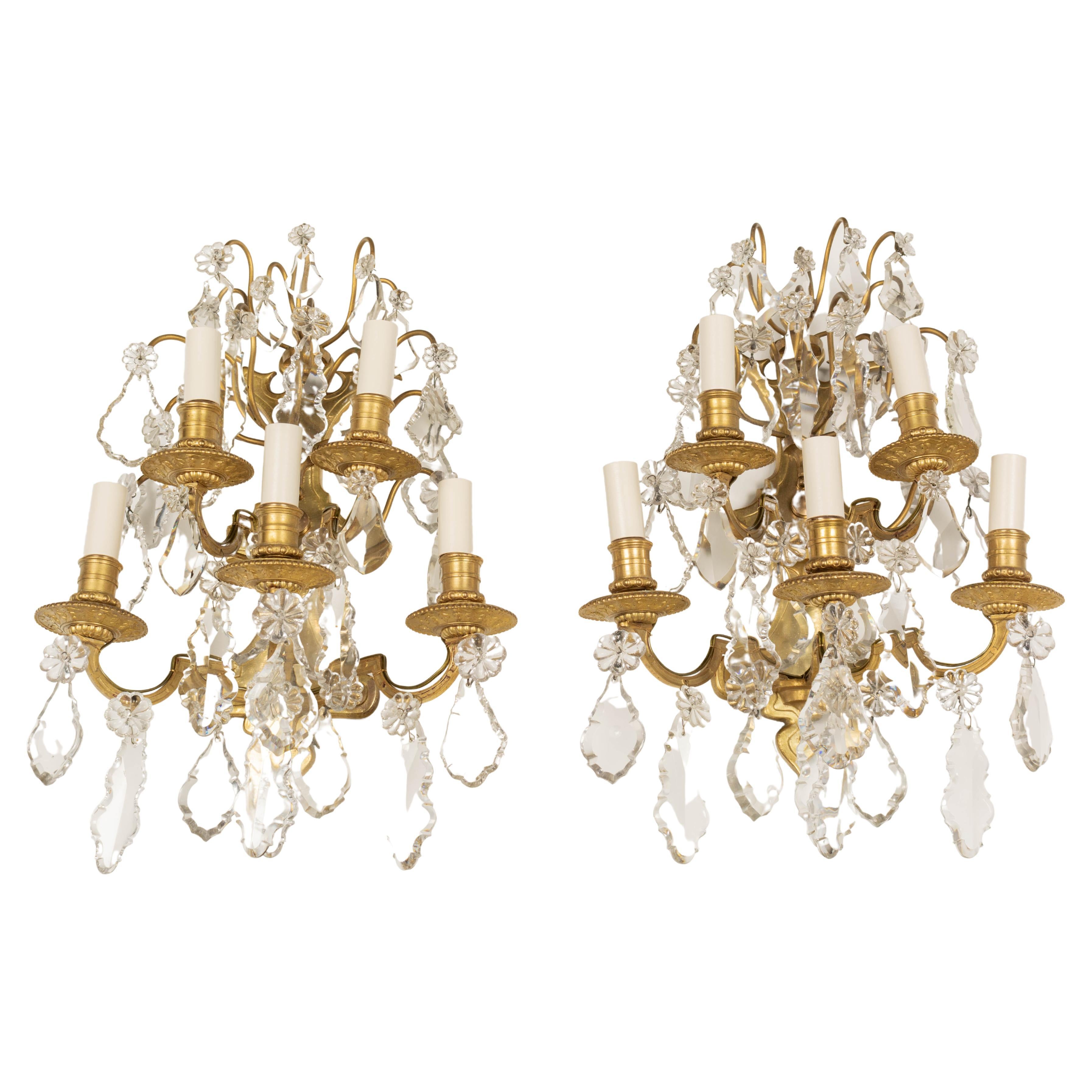 Louis XV Style French Crystal and Bronze Sconces, a Pair For Sale