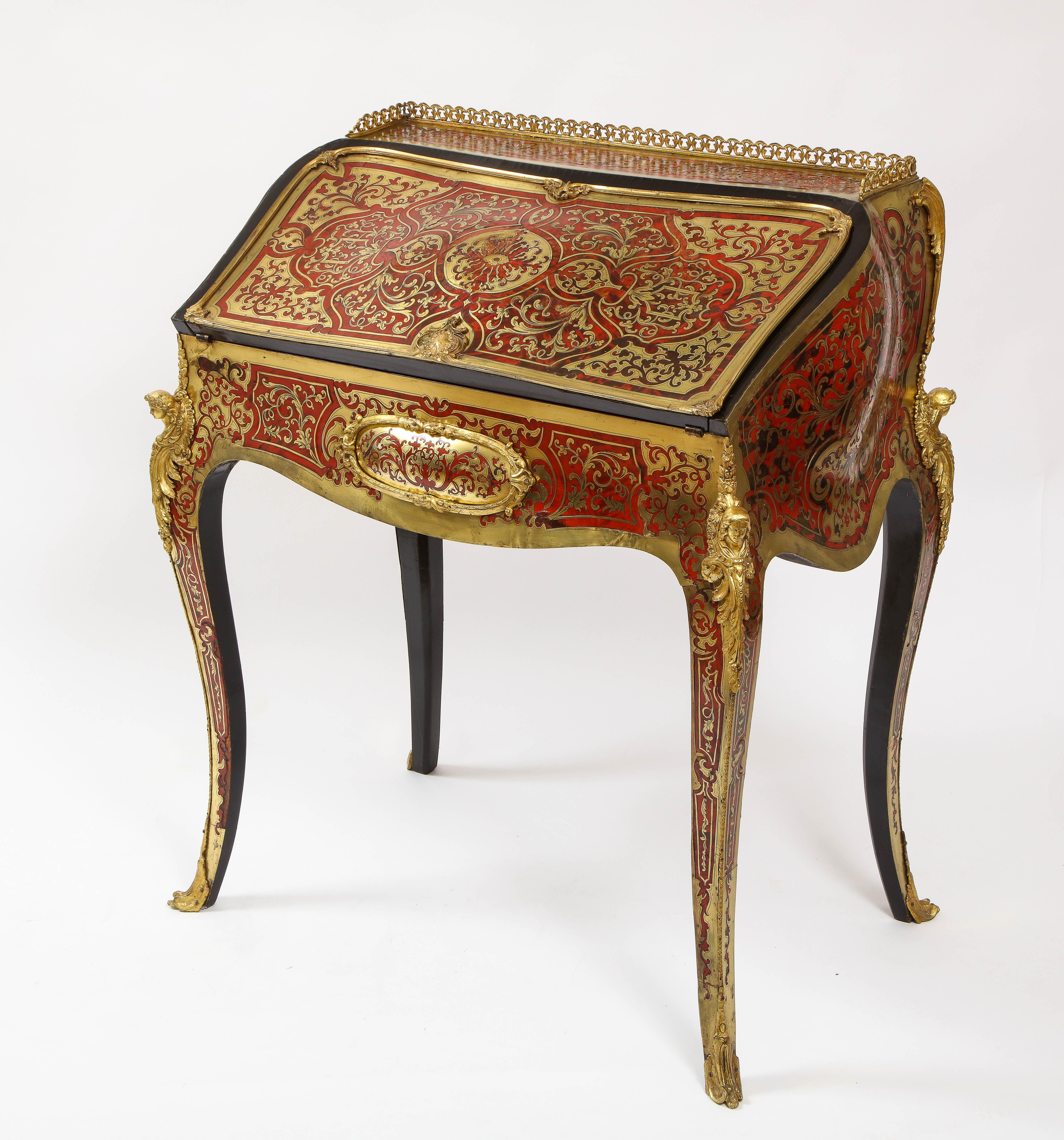 Hand-Carved Louis XV Style Dore Bronze Mounted Boulle Marquetry Secretary Desk or Cabinet For Sale