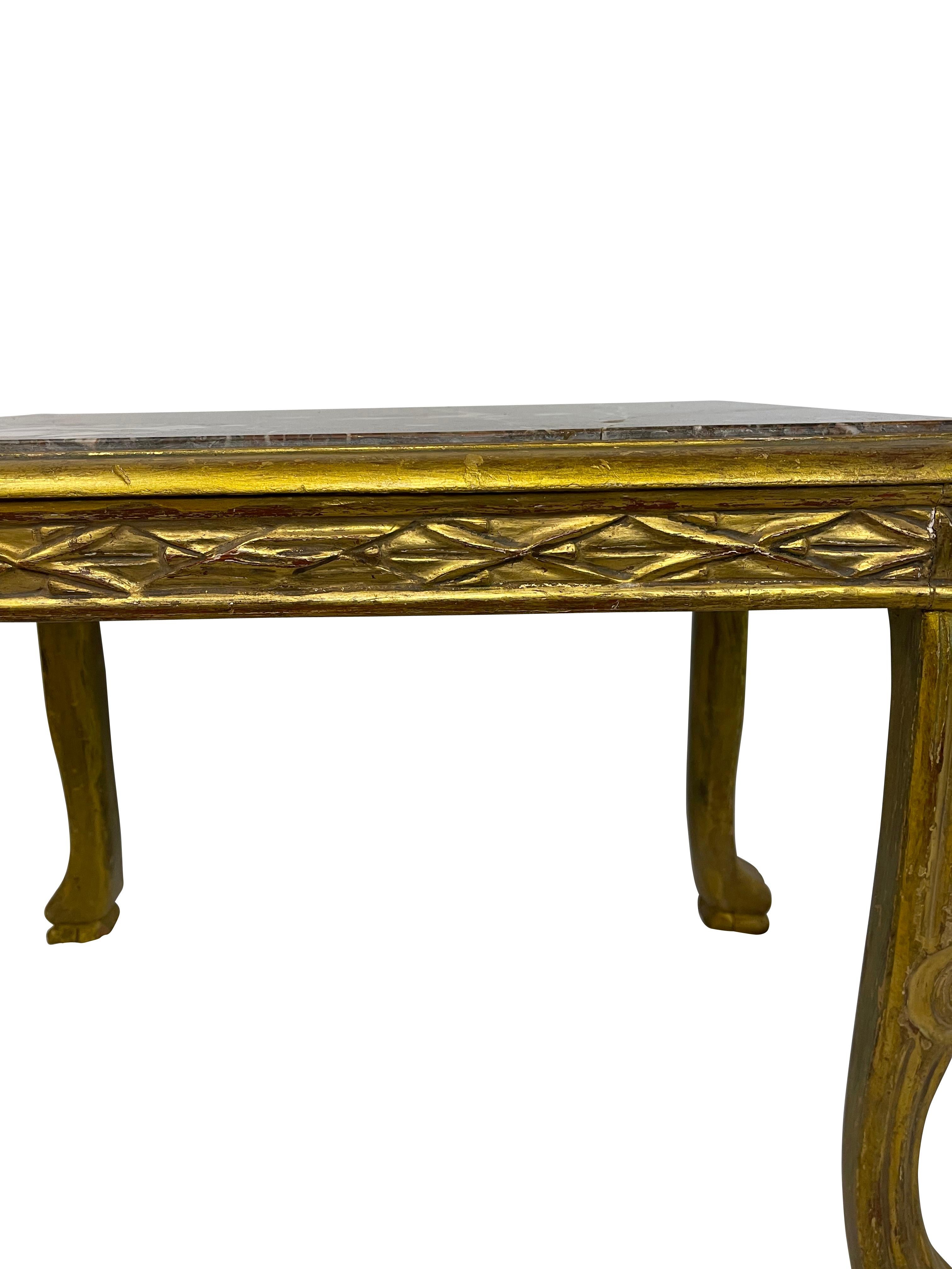 American Louis XV Style French Gilded End Table with Grey Marble Top and Paw Feet For Sale