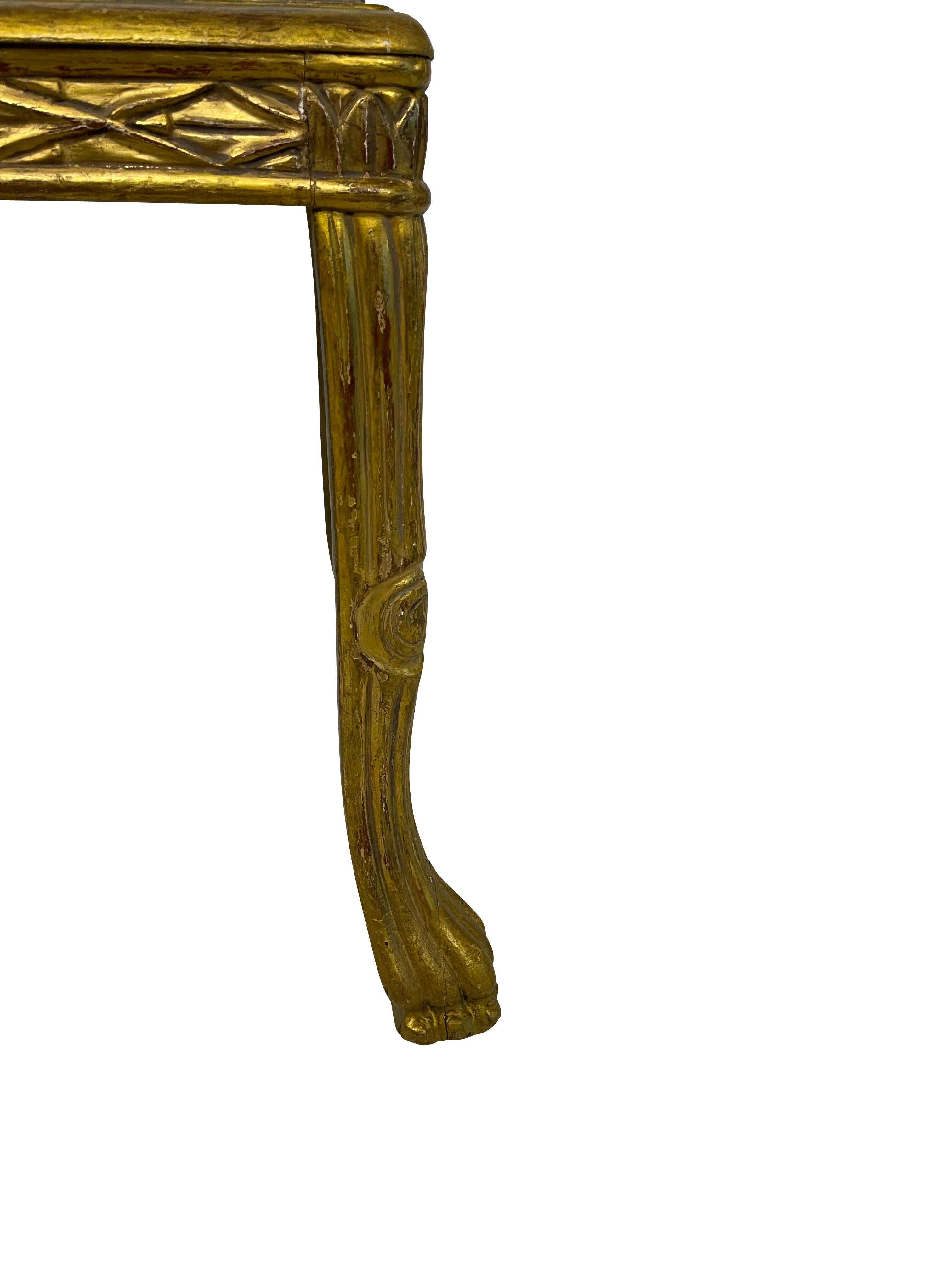 Gilt Louis XV Style French Gilded End Table with Grey Marble Top and Paw Feet For Sale