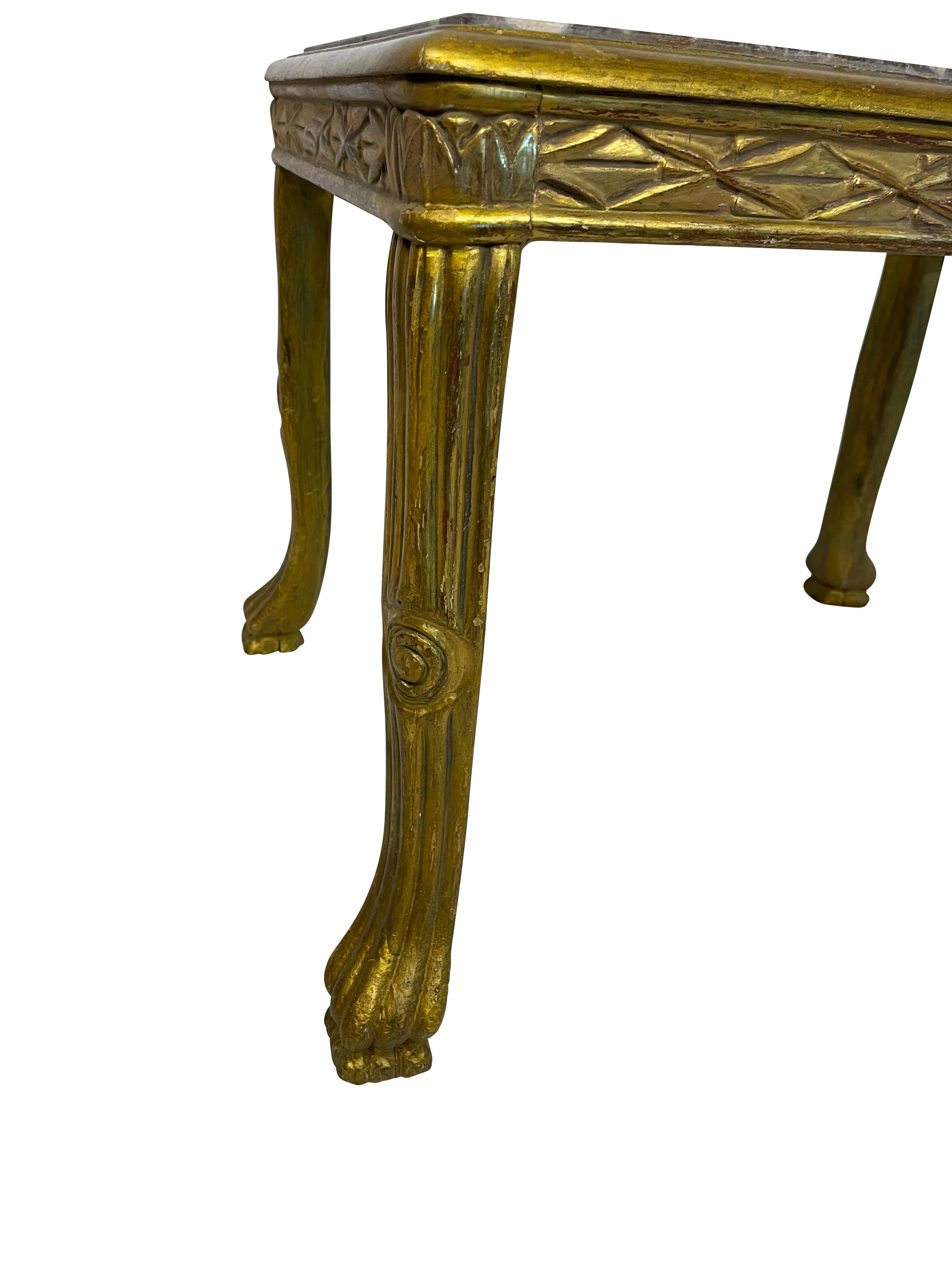 Louis XV Style French Gilded End Table with Grey Marble Top and Paw Feet In Good Condition For Sale In Essex, MA