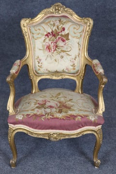 Louis XV Style French Gold Gilt Tapestry arm Chair