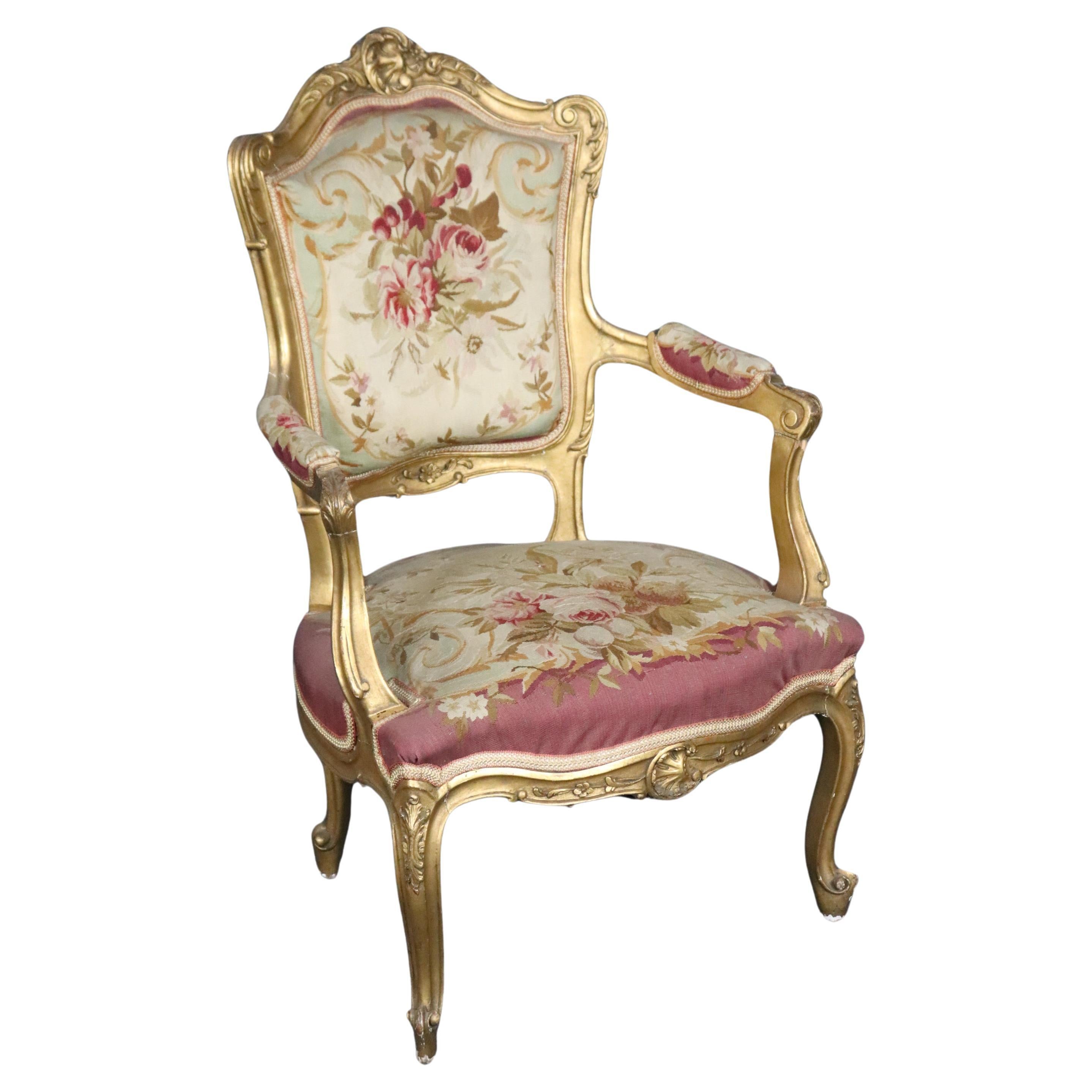 Louis XV Style French Gold Gilt Tapestry arm Chair