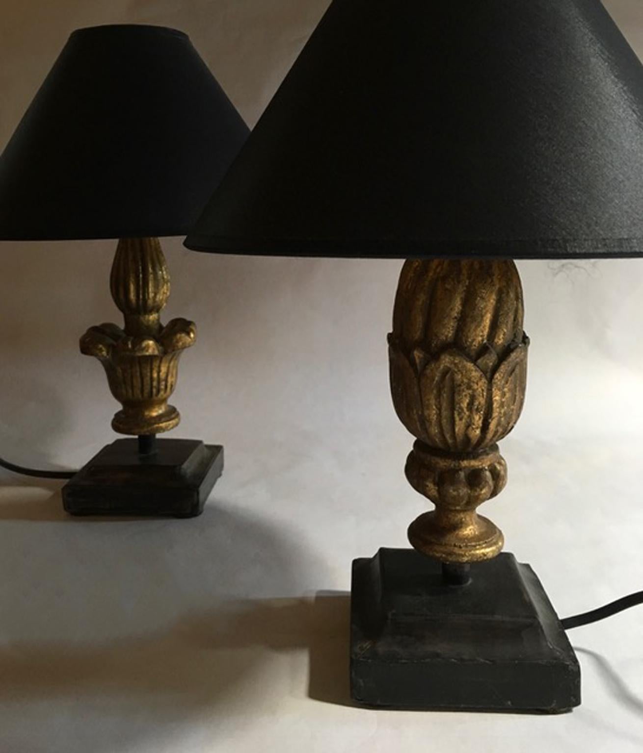Louis XV Style French Pair Table Lamps Golden Patinated Wood Wrought Iron Bases In Excellent Condition In Brescia, IT