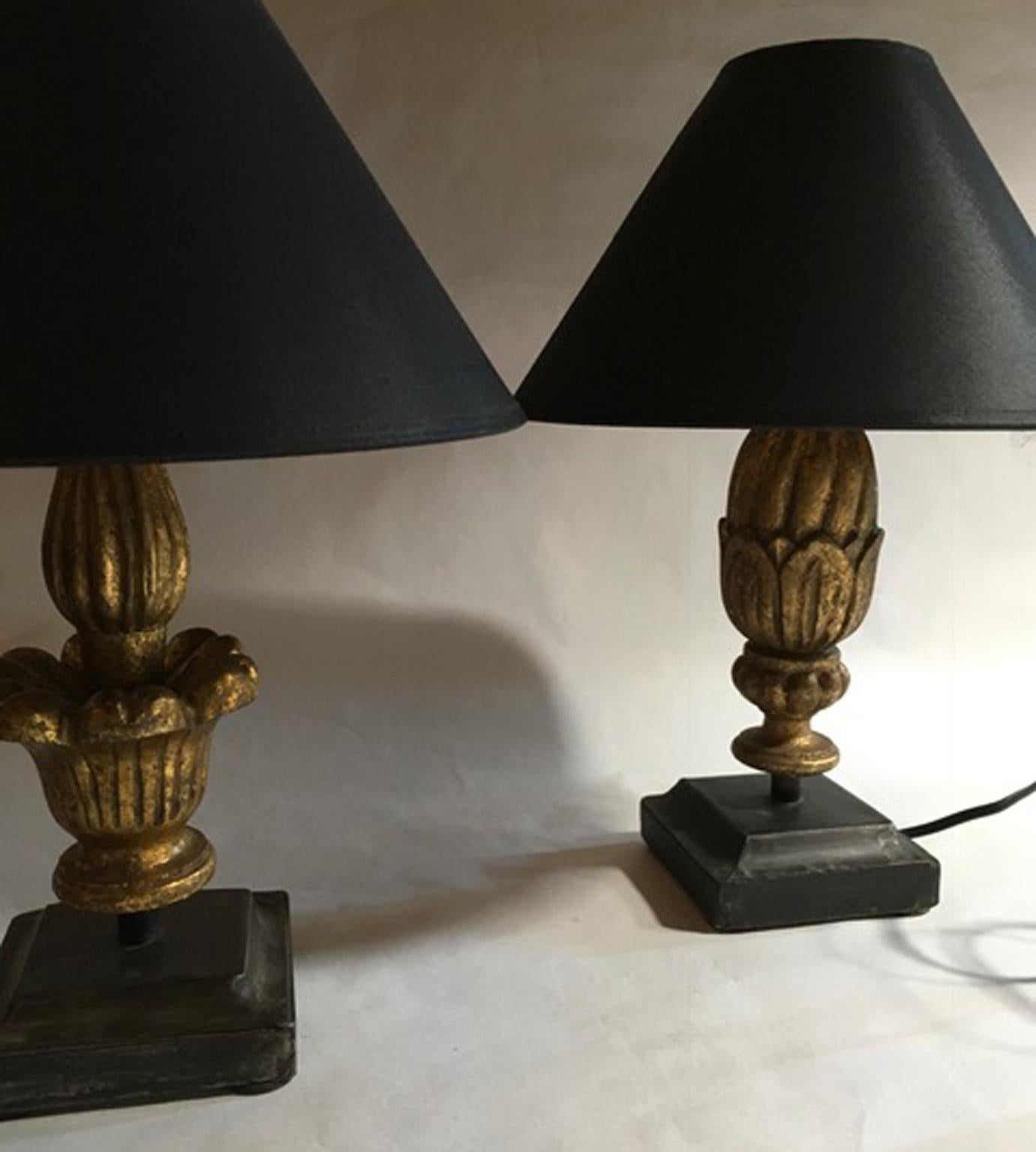 Contemporary Louis XV Style French Pair Table Lamps Golden Patinated Wood Wrought Iron Bases
