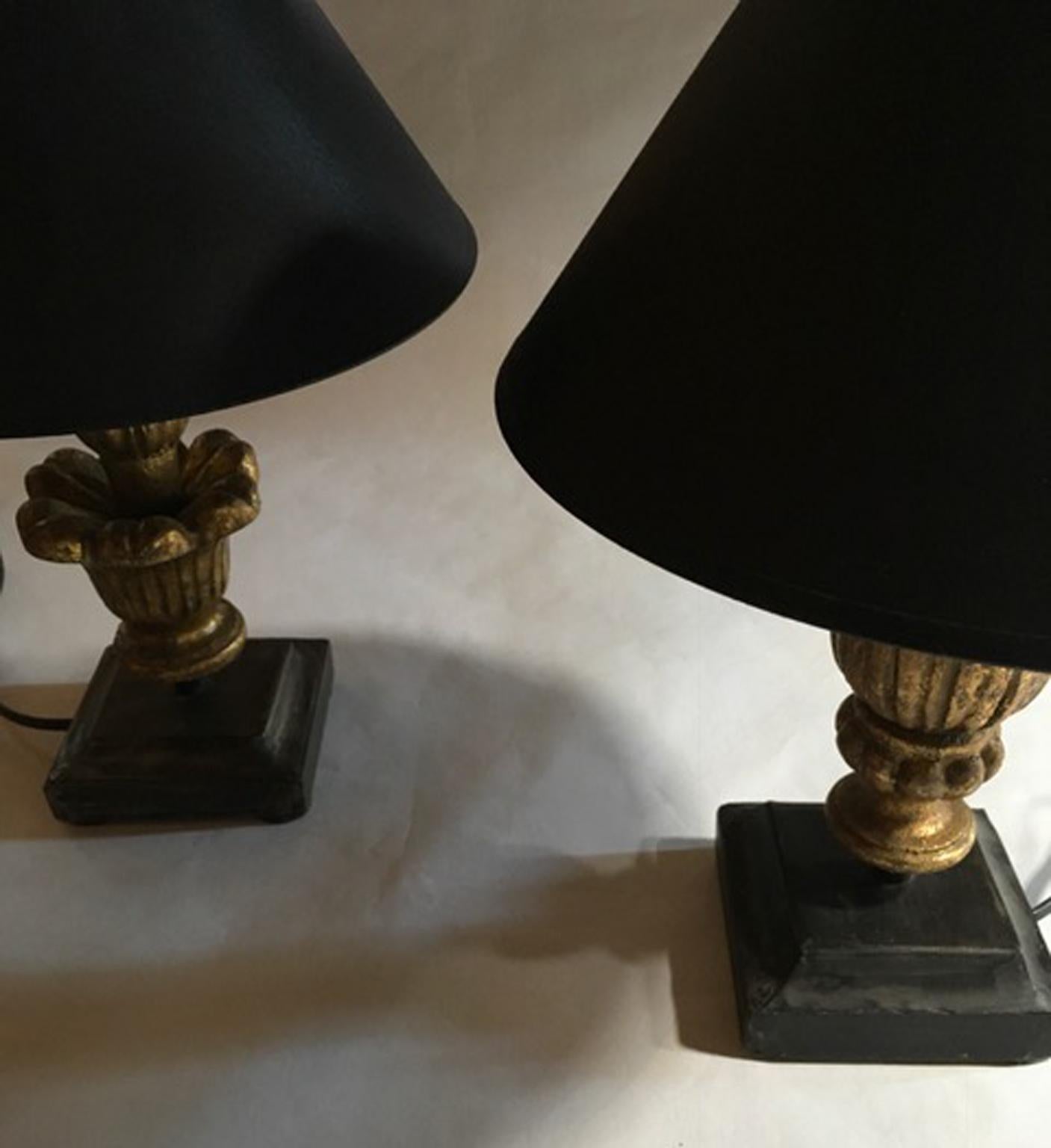 Fabric Louis XV Style French Pair Table Lamps Golden Patinated Wood Wrought Iron Bases