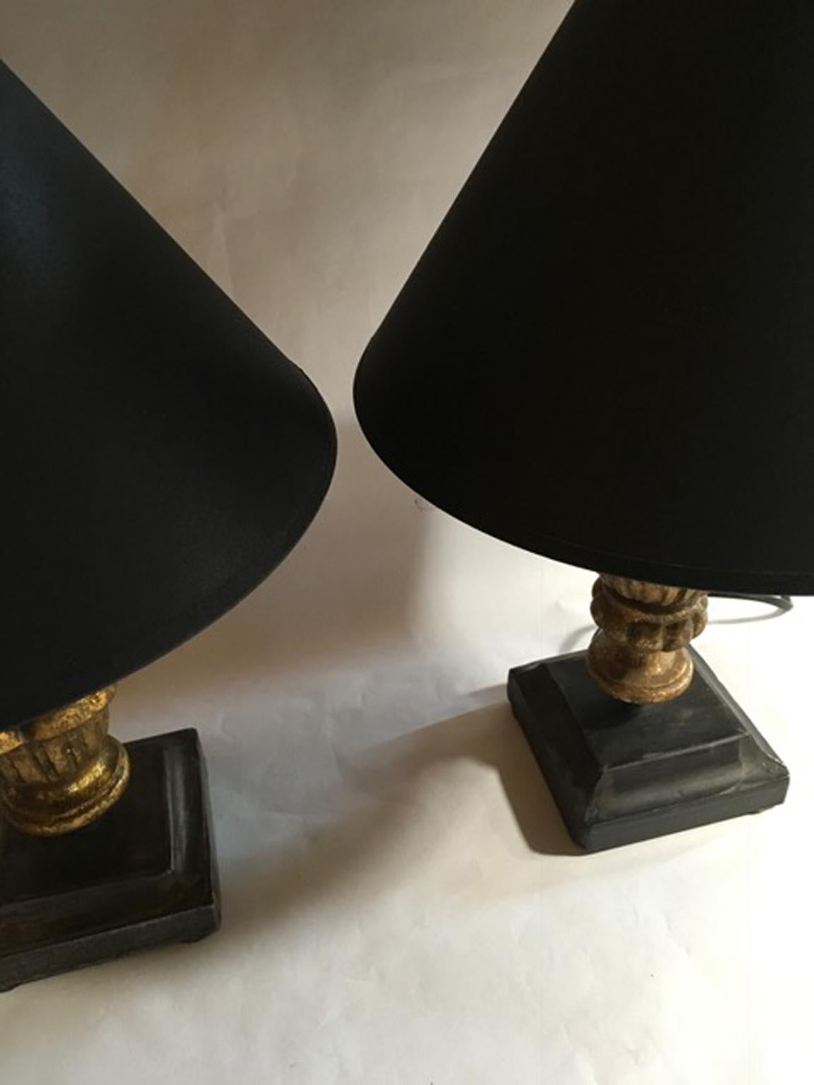 Louis XV Style French Pair Table Lamps Golden Patinated Wood Wrought Iron Bases 1