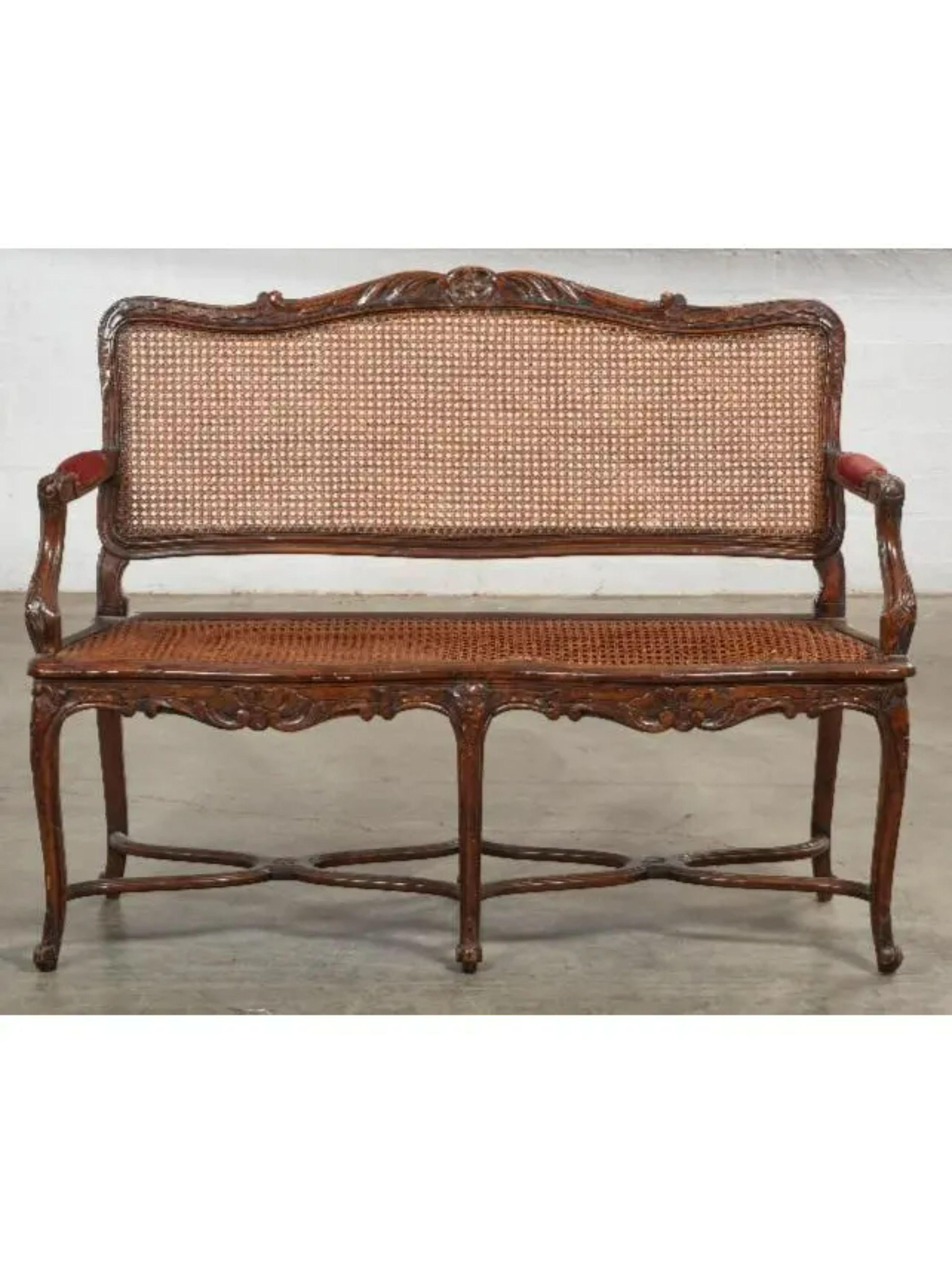 Louis XV Style French Provincial Carved Walnut & Cane Seat Settee In Good Condition In LOS ANGELES, CA