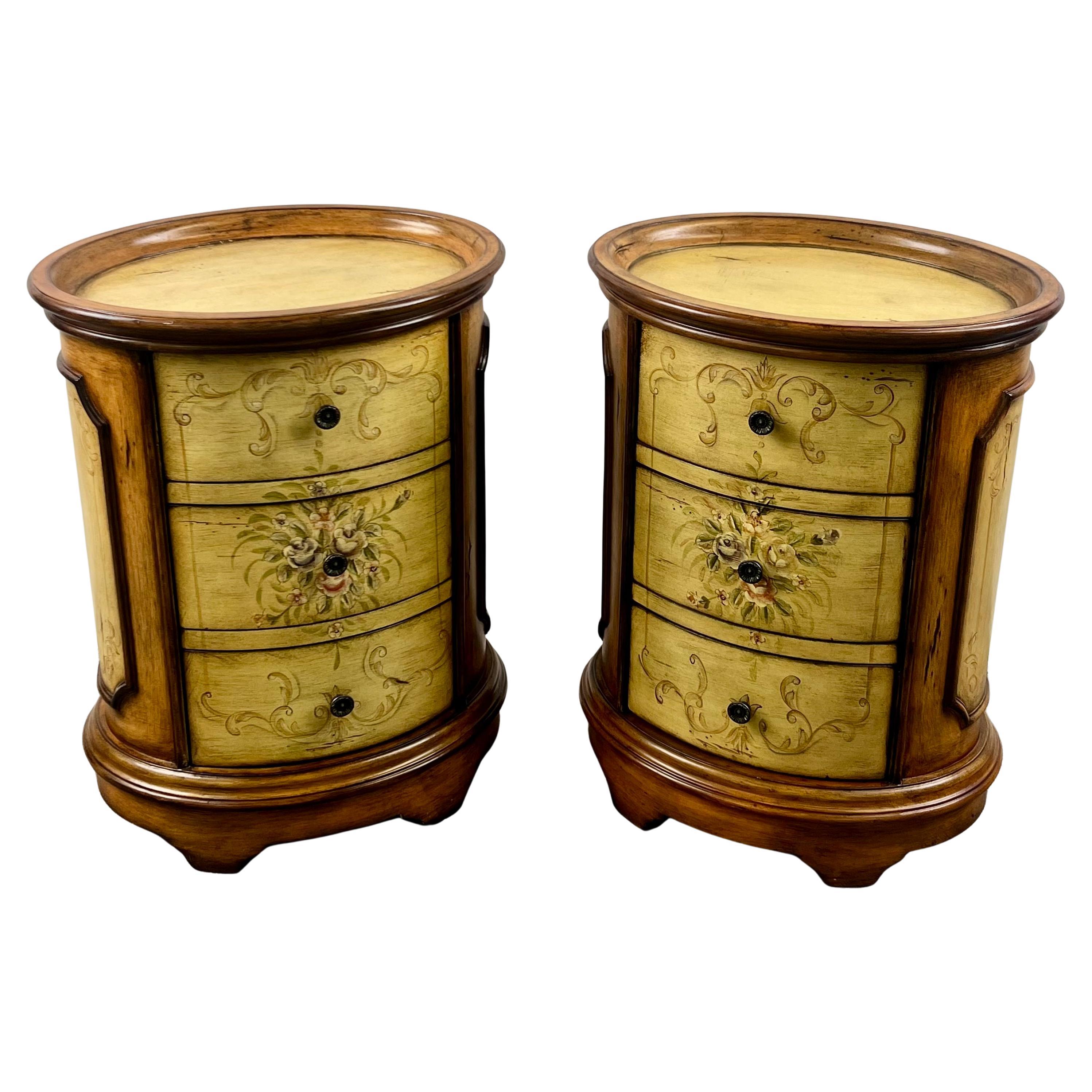 Louis XV Style French Provincial Hand Painted Oval Shaped Nightstand, a Pair For Sale