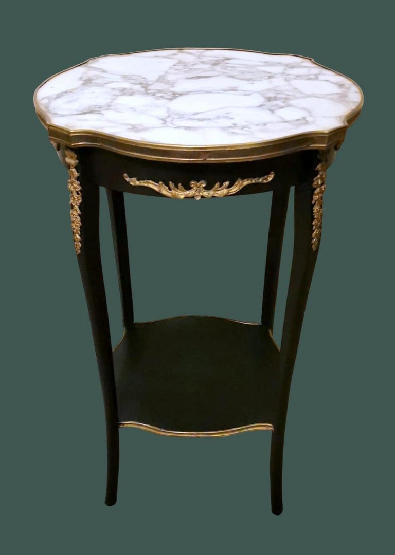Louis XV Style French Side Table in Ebonized Wood and Marble Top For