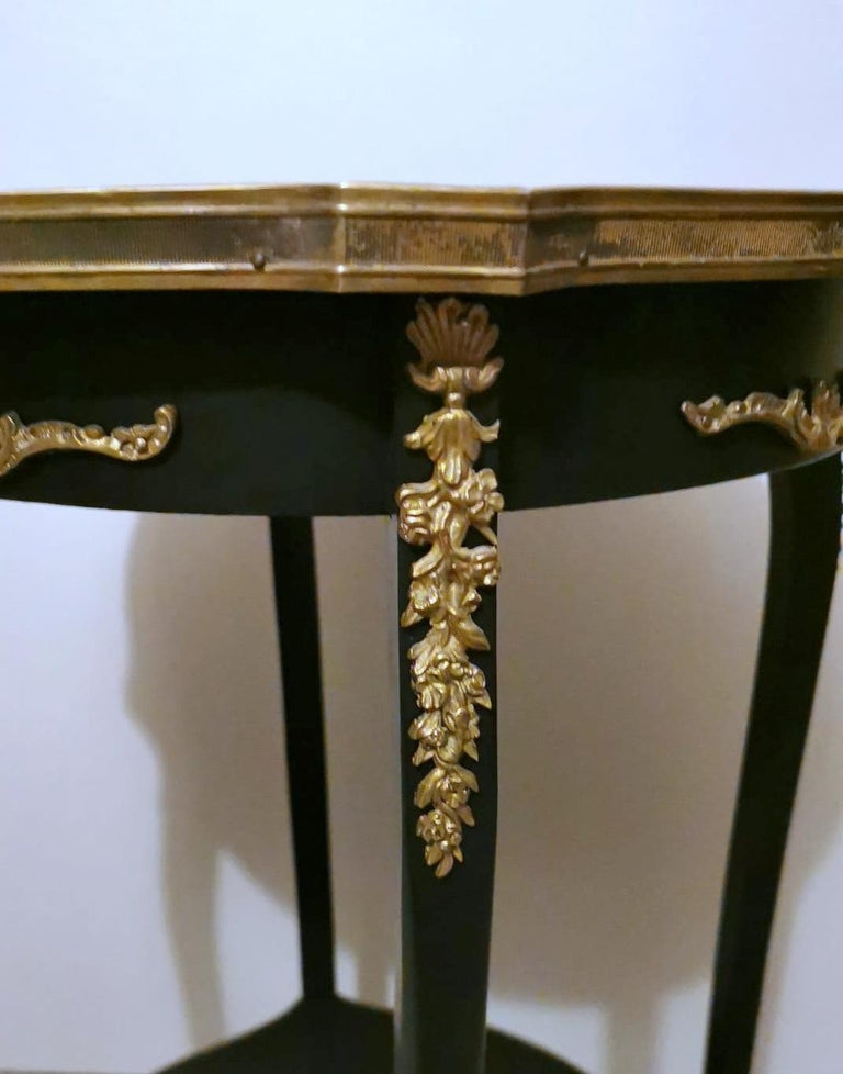 Louis XV Style French Side Table in Ebonized Wood and Marble Top For