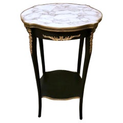 Louis XV Style French Side Table in Ebonized Wood and Marble Top