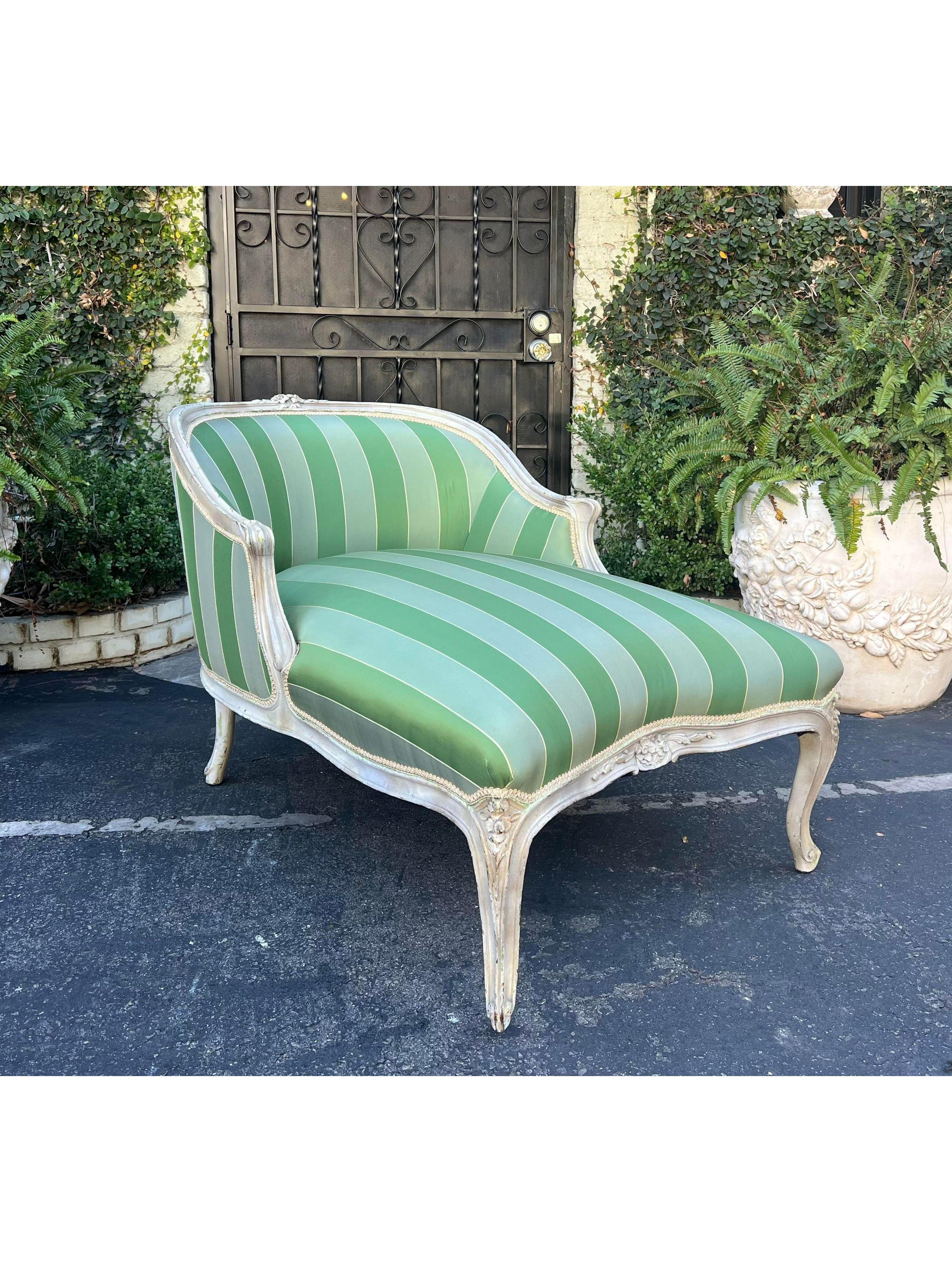 Wood Louis XV Style French Striped Chaise Lounge, 19th Century