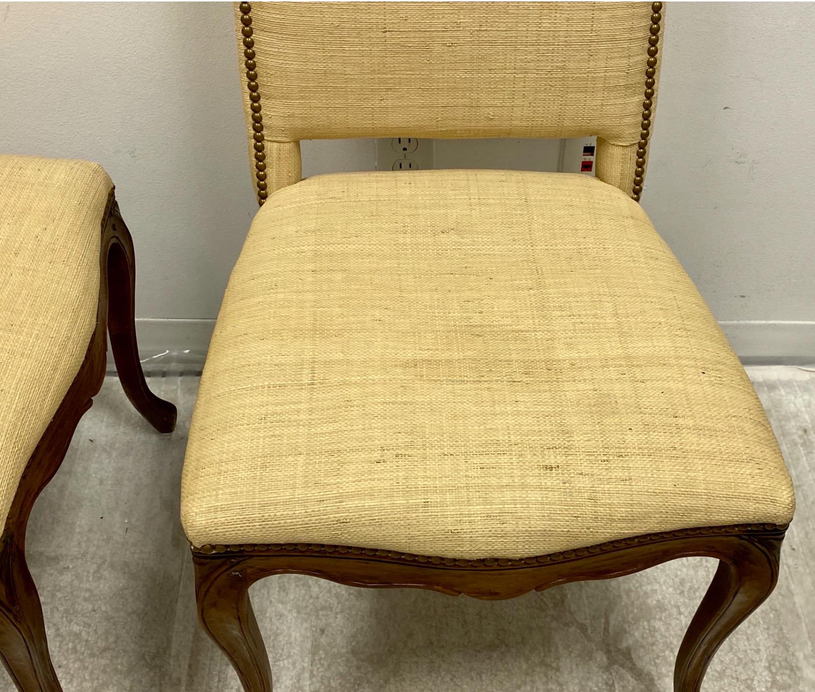 20th Century Louis XV Style French Style Side Chairs In Grasscloth W/ Brass Nailheads -Pair For Sale