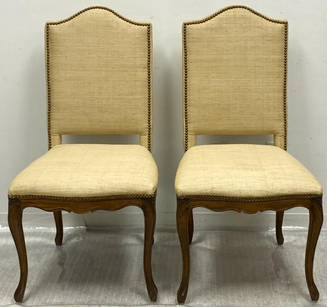 Louis XV Style French Style Side Chairs In Grasscloth W/ Brass Nailheads -Pair For Sale 2