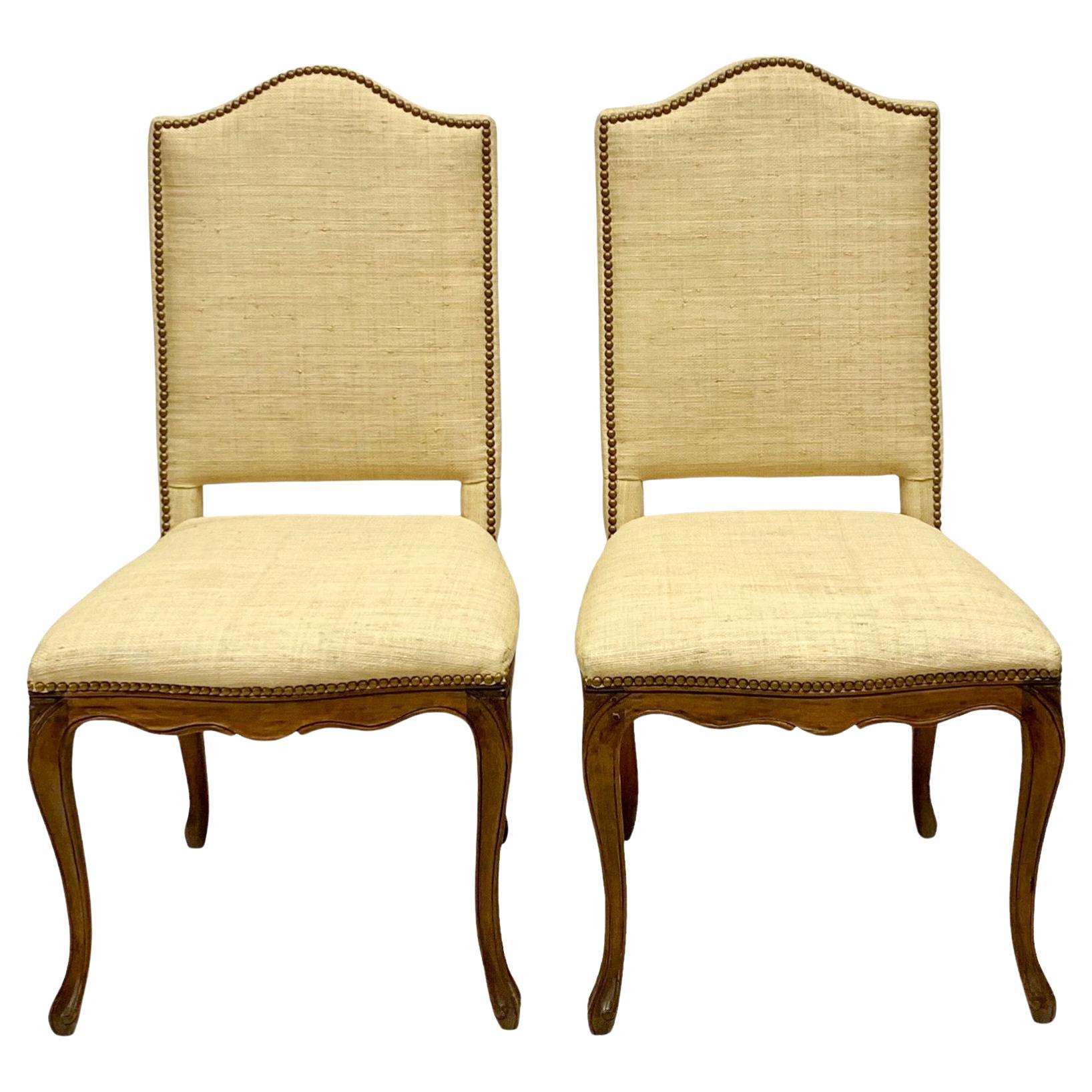 Louis XV Style French Style Side Chairs In Grasscloth W/ Brass Nailheads -Pair For Sale
