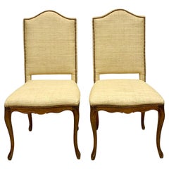 Antique Louis XV Style French Style Side Chairs In Grasscloth W/ Brass Nailheads -Pair
