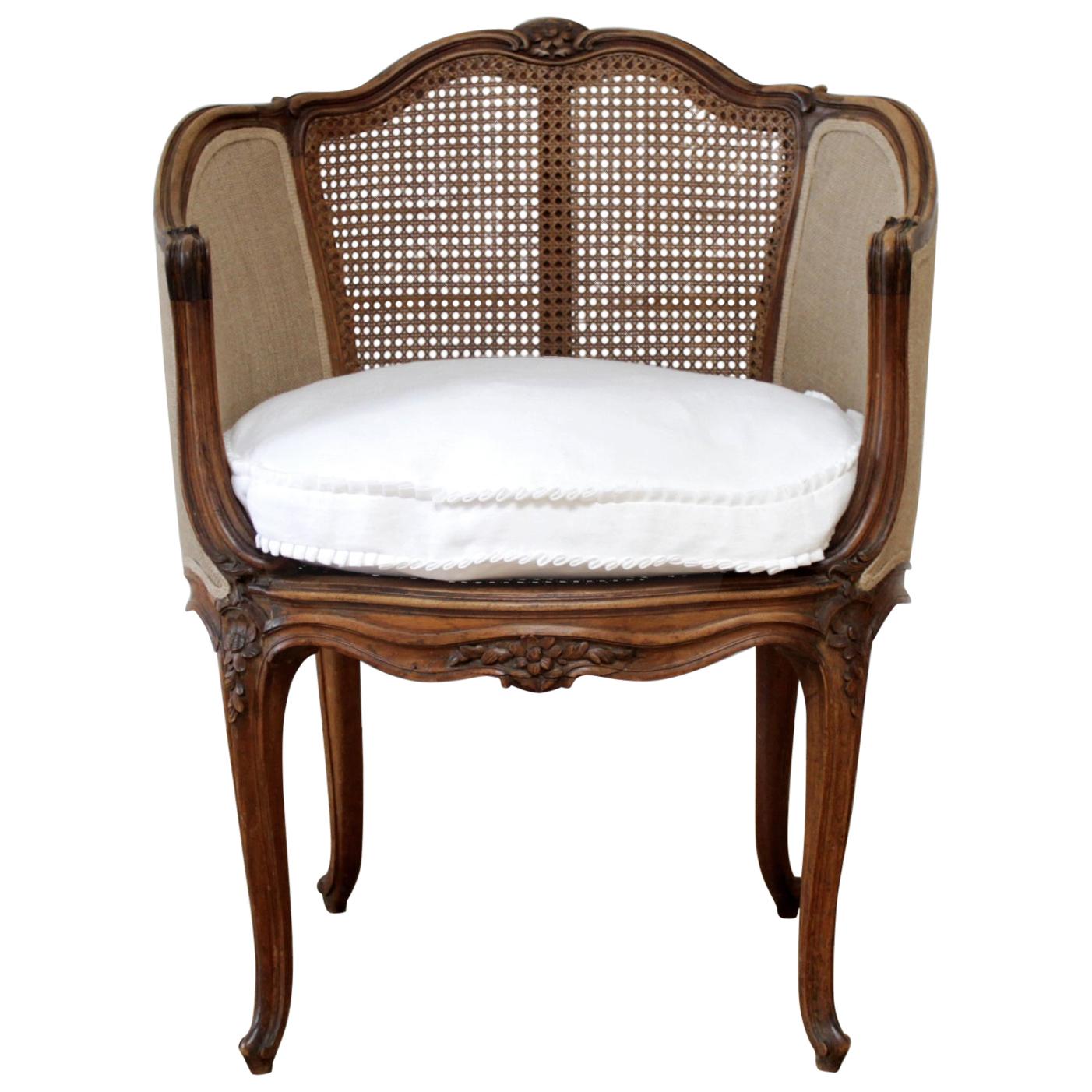 Louis XV Style French Vanity Chair with Cane and Linen Slip Cover