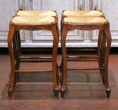 Louis XV Style French Walnut Counter Stools with Rush Seats, Set of Four