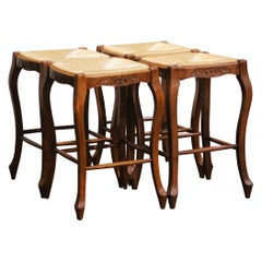 Louis XV Style French Walnut Counter Stools with Rush Seats, Set of Four