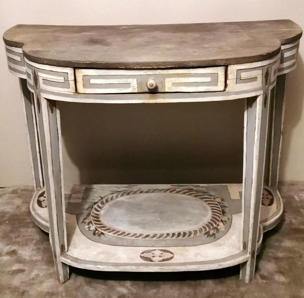 We kindly suggest you read the whole description, because with it we try to give you detailed technical and historical information to guarantee the authenticity of our objects.
Peculiar and elegant French console table; the upper top, with a