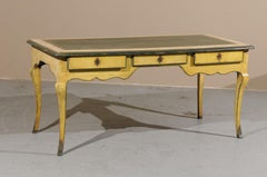 Louis XV Style French Yellow Painted Bureau Plat with Green Leather Top