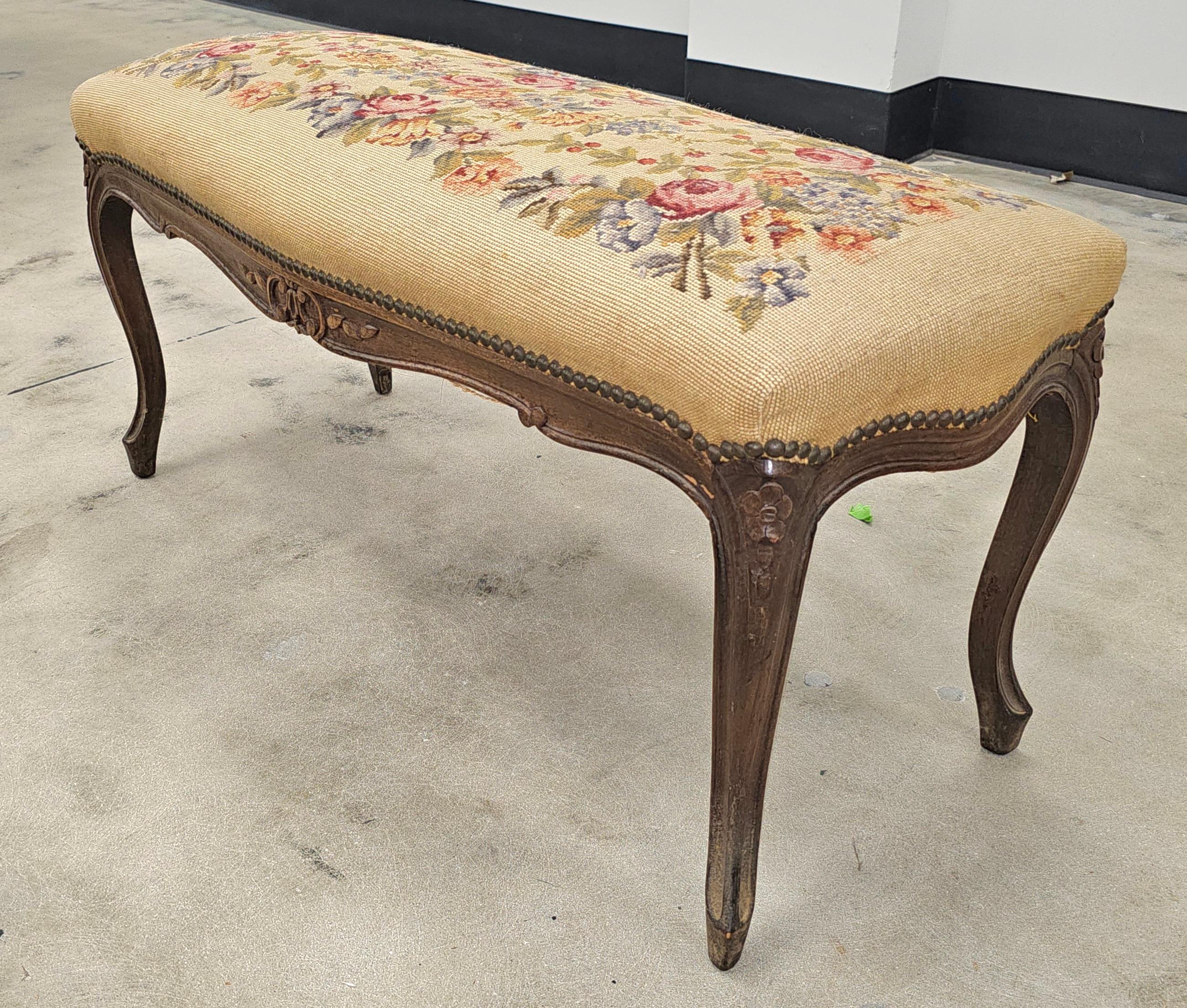 American Louis XV Style Fruitwood and Needlepoint Upholstered Bench For Sale