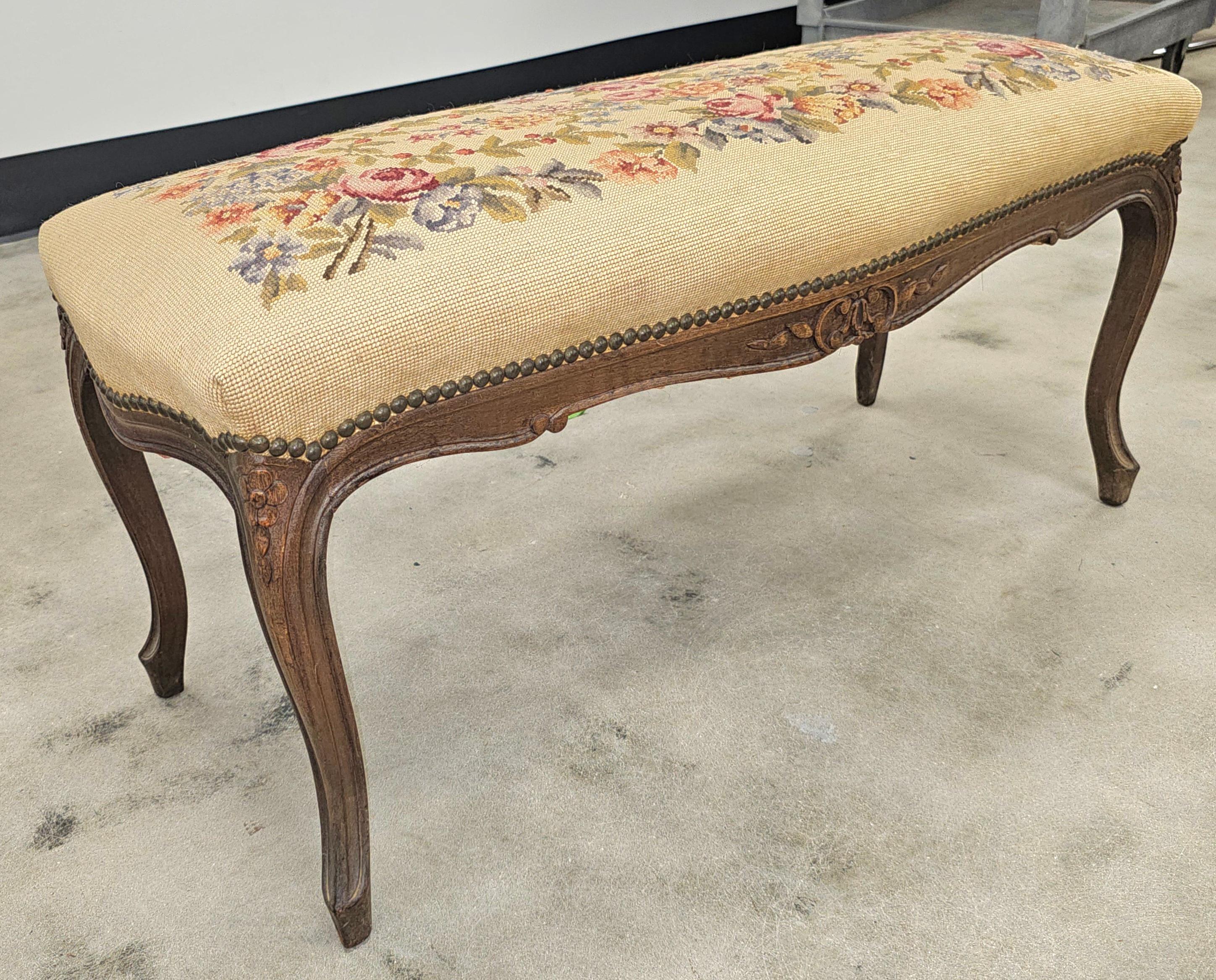 Carved Louis XV Style Fruitwood and Needlepoint Upholstered Bench For Sale