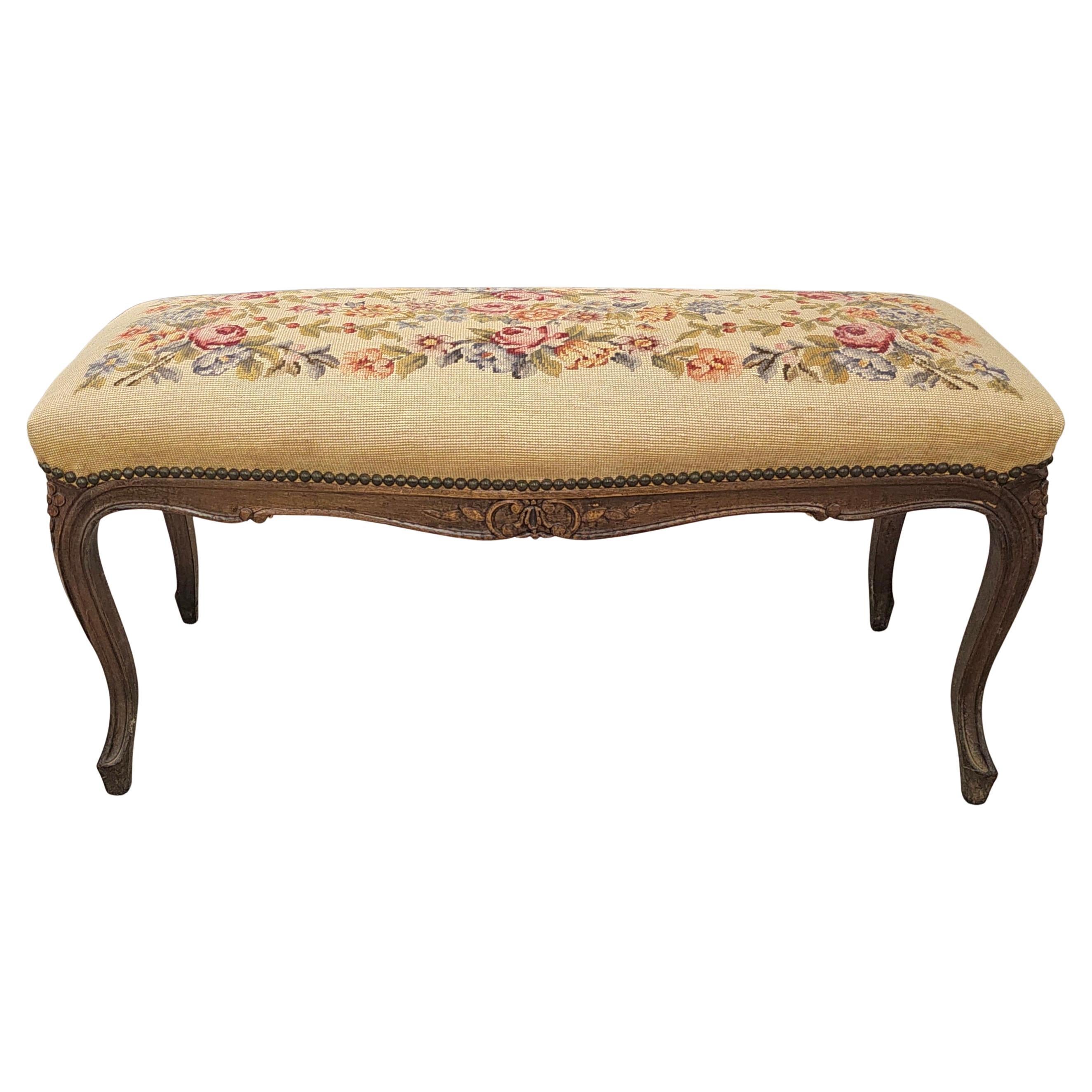 Louis XV Style Fruitwood and Needlepoint Upholstered Bench For Sale