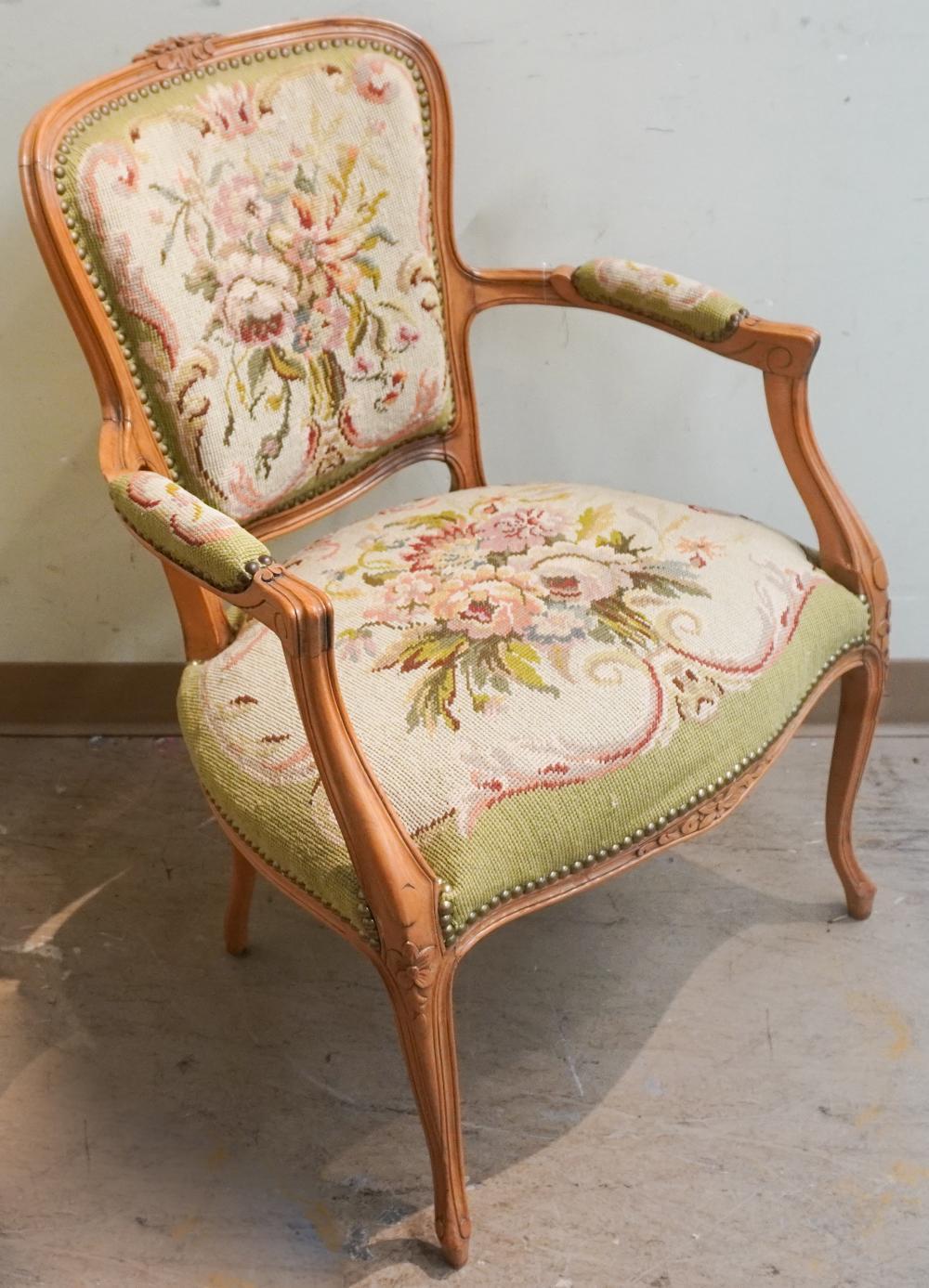 Louis XVI Louis XV Style Fruitwood And Needlepoint Upholstered Fauteuil For Sale
