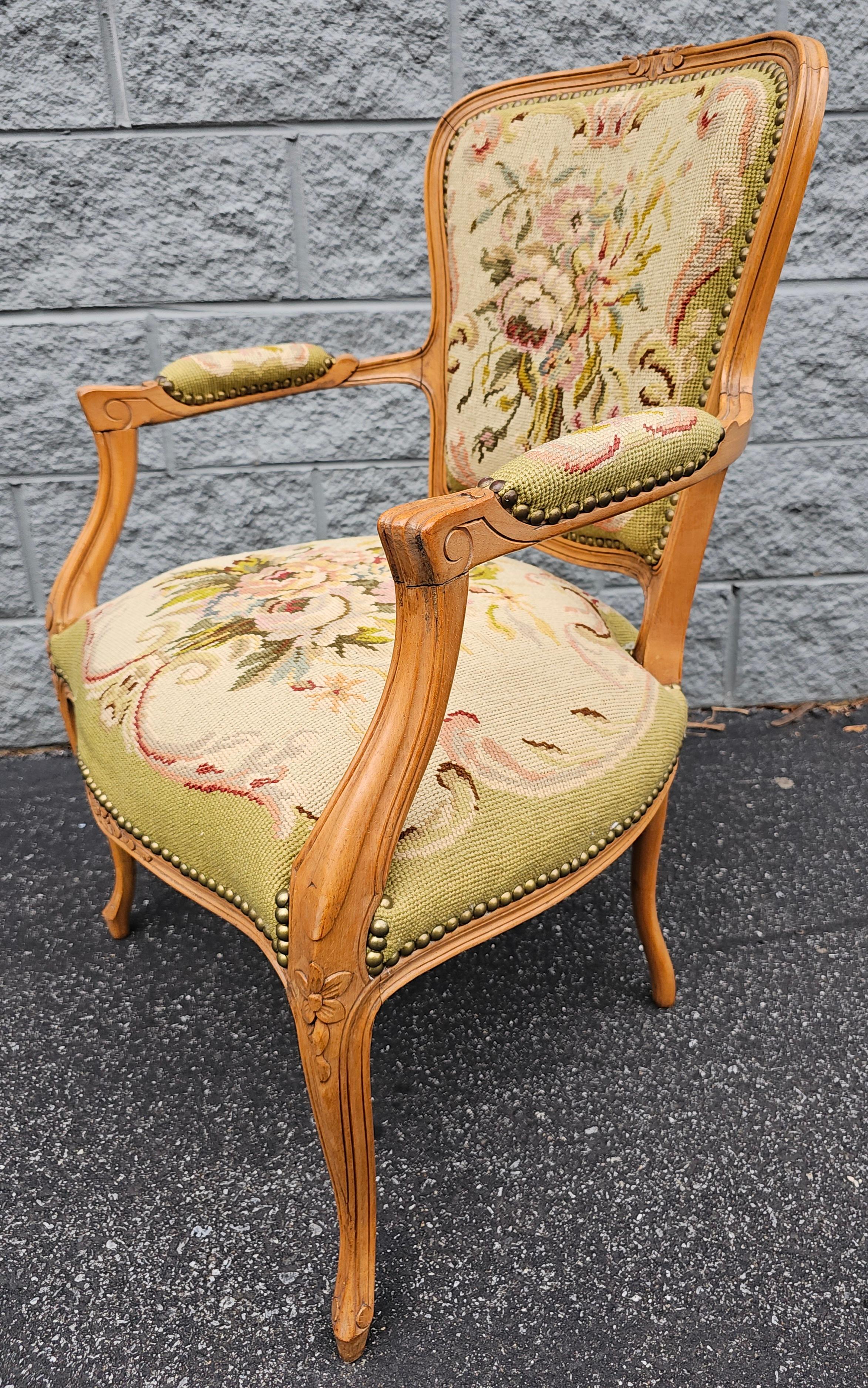 Unknown Louis XV Style Fruitwood And Needlepoint Upholstered Fauteuil For Sale
