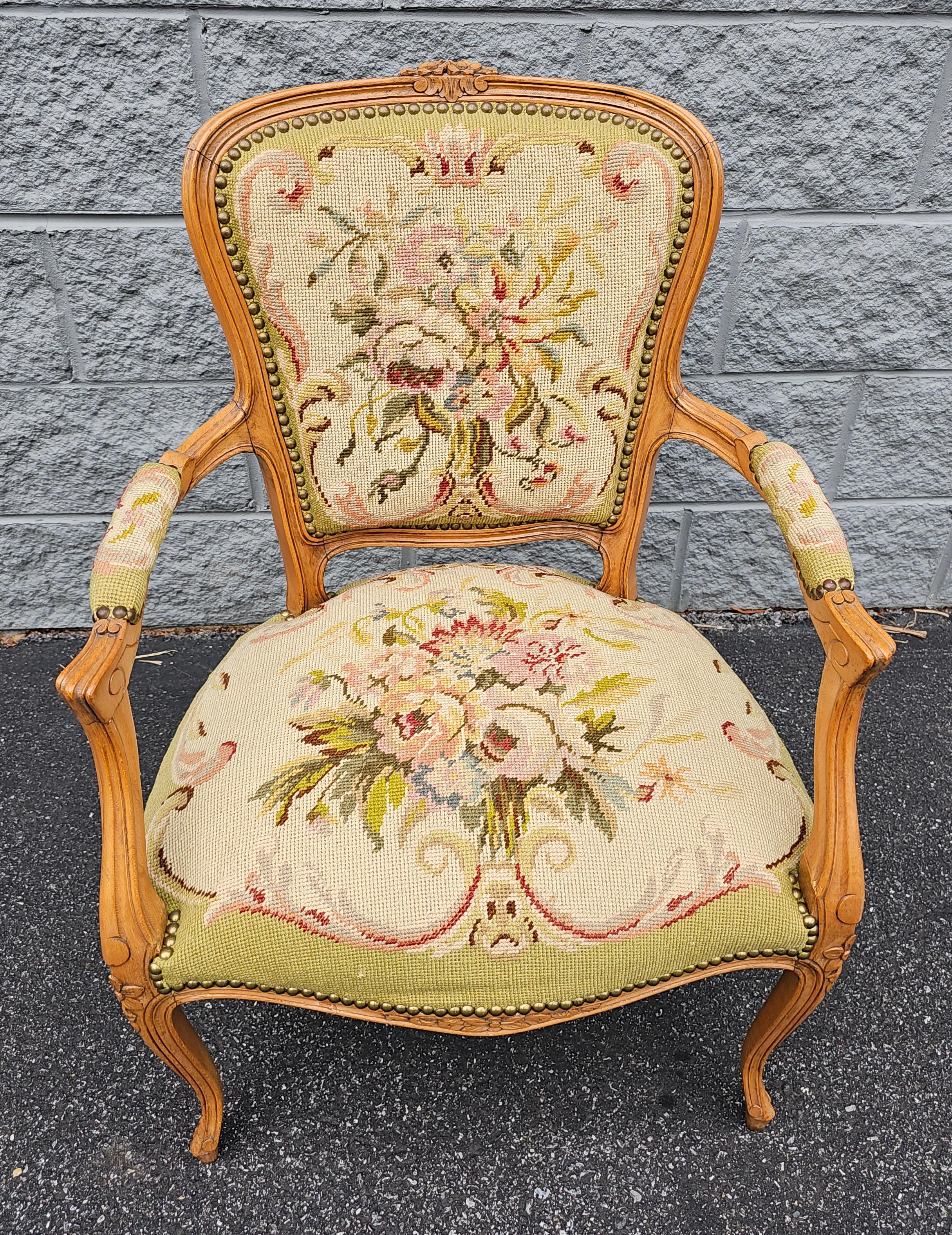 Louis XV Style Fruitwood And Needlepoint Upholstered Fauteuil In Good Condition For Sale In Germantown, MD