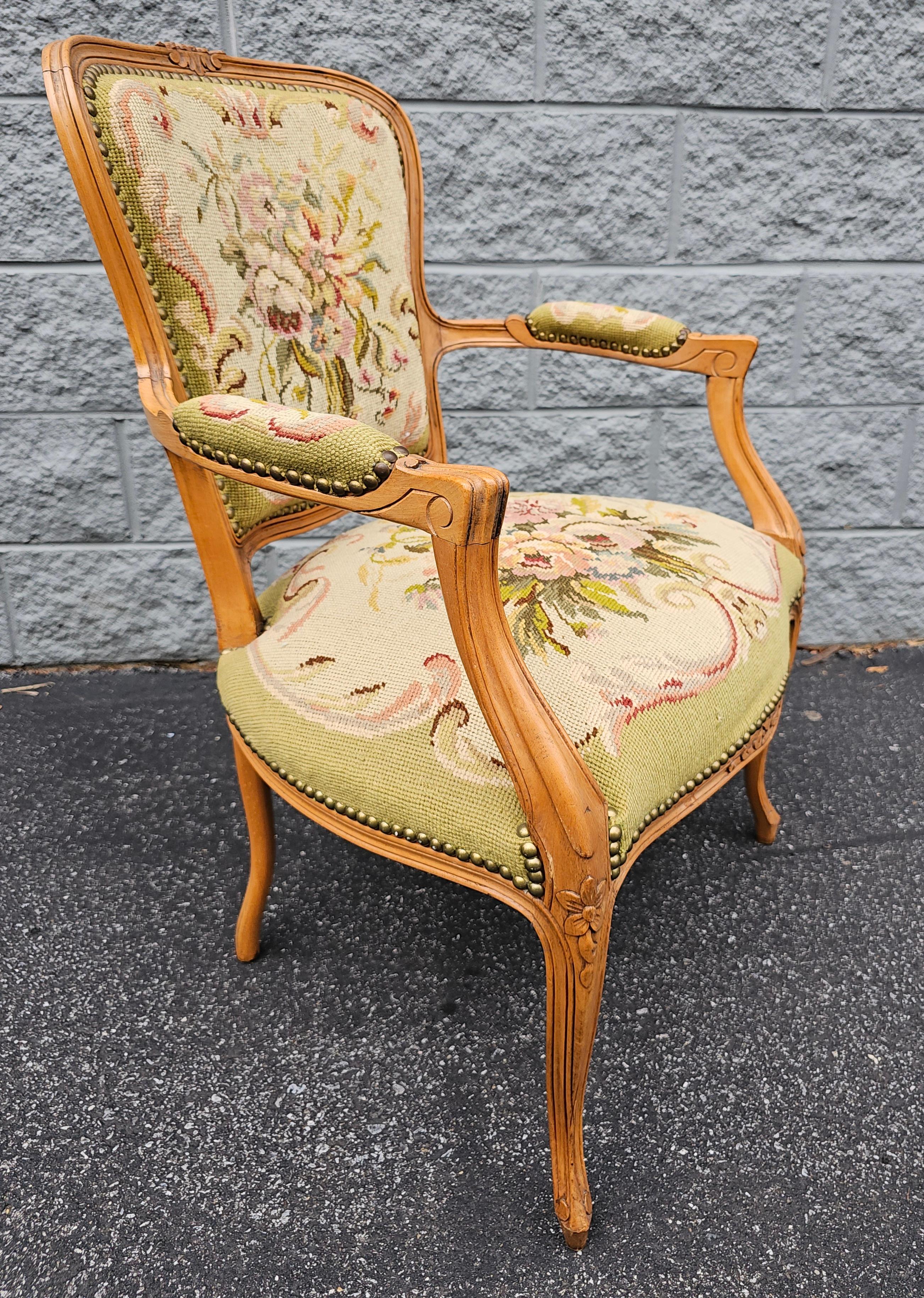 20th Century Louis XV Style Fruitwood And Needlepoint Upholstered Fauteuil For Sale