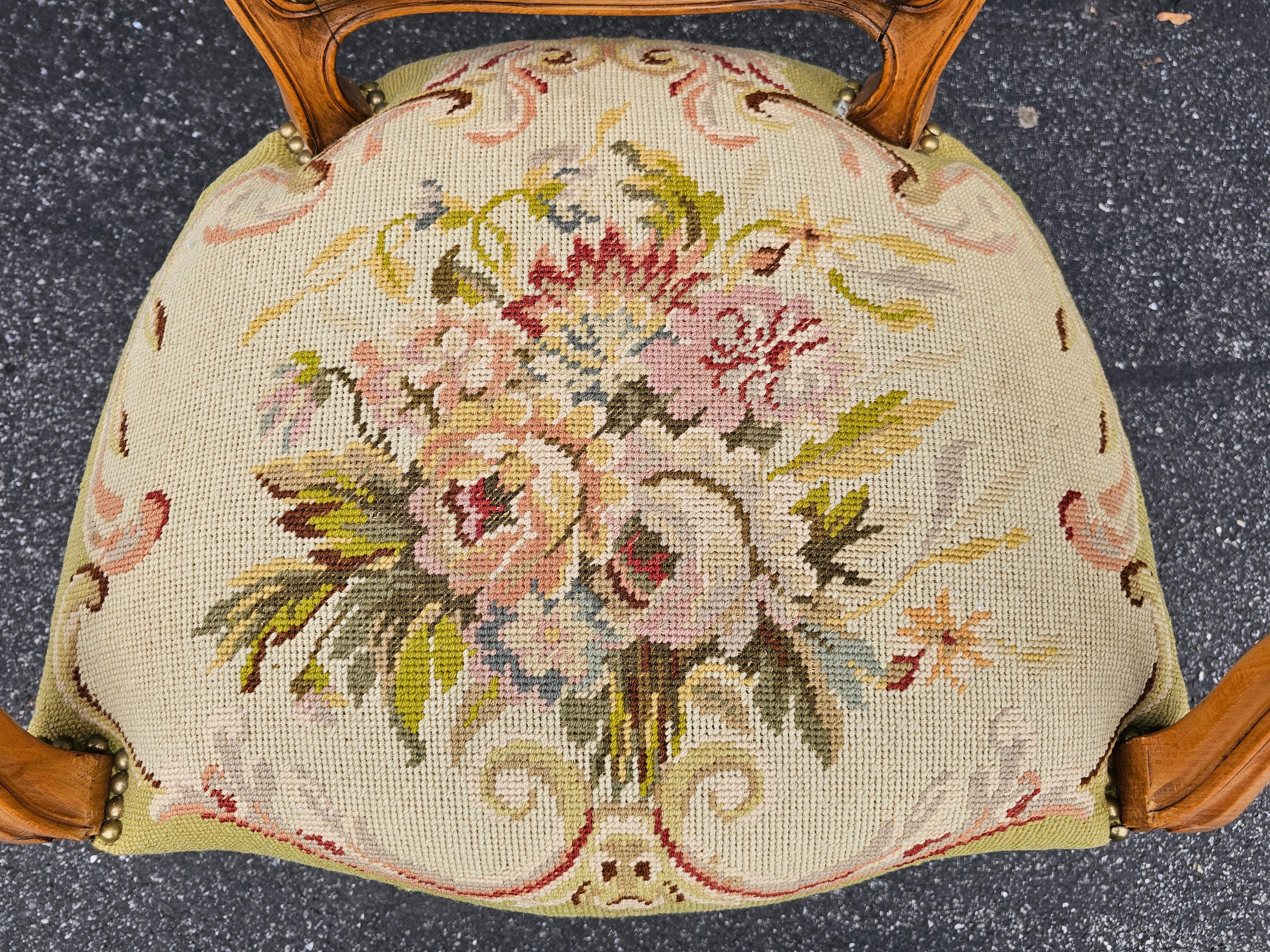 Upholstery Louis XV Style Fruitwood And Needlepoint Upholstered Fauteuil For Sale