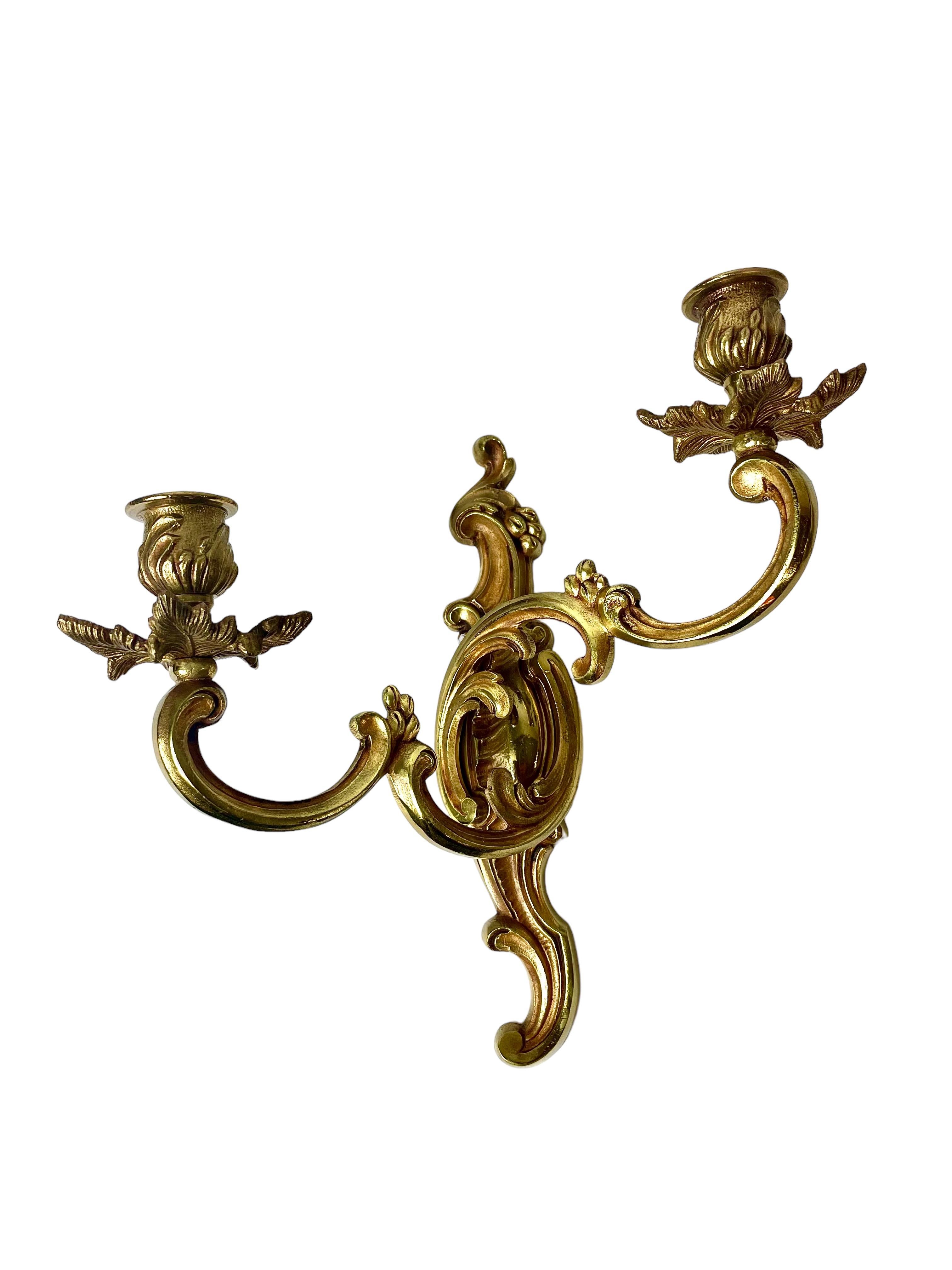 French Louis XV Style Gilded Bronze Candle Wall Sconces For Sale