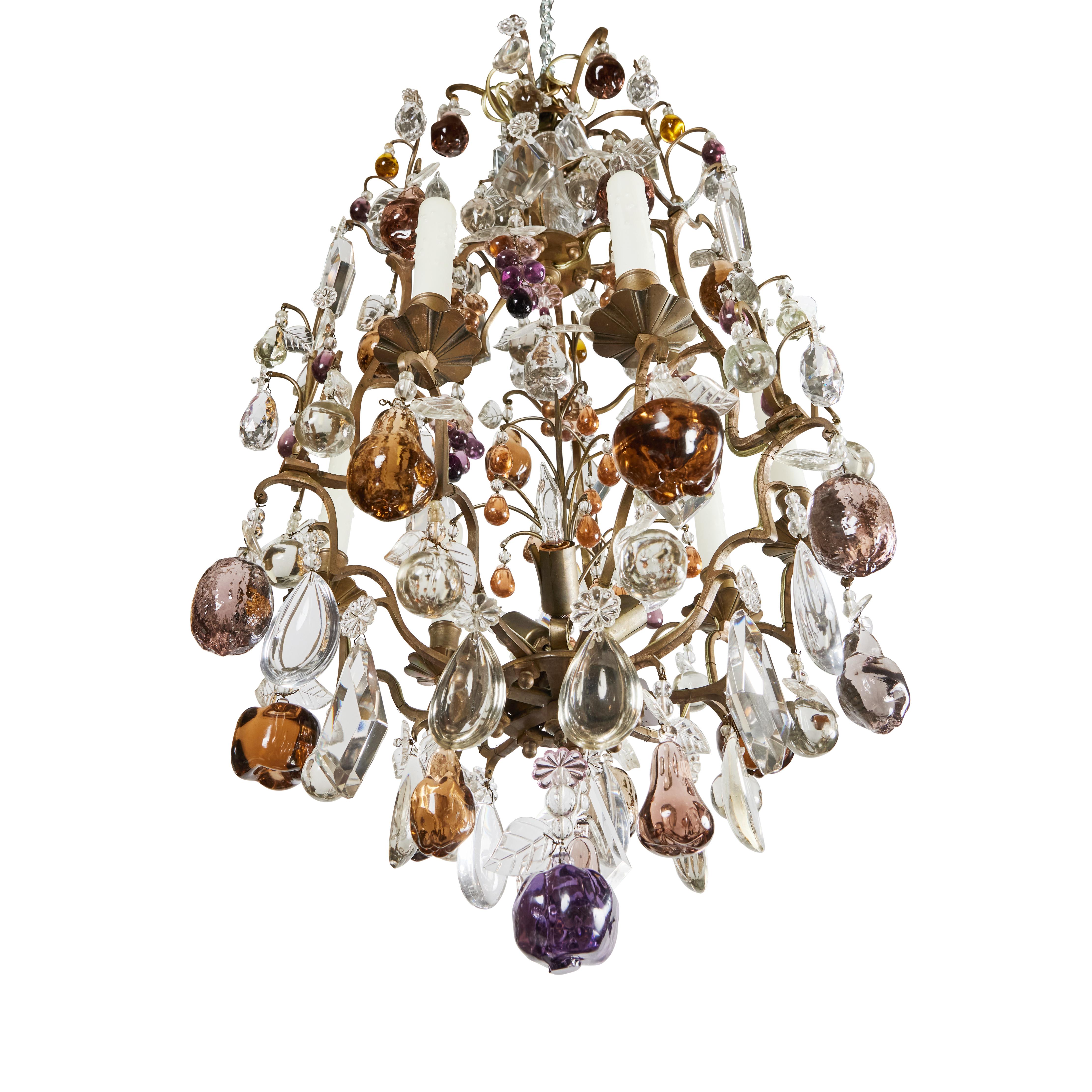 A charming, Louis XVI style gilded bronze and crystal chandelier featuring colored glass pears, apples and grapes.  9 lights.  