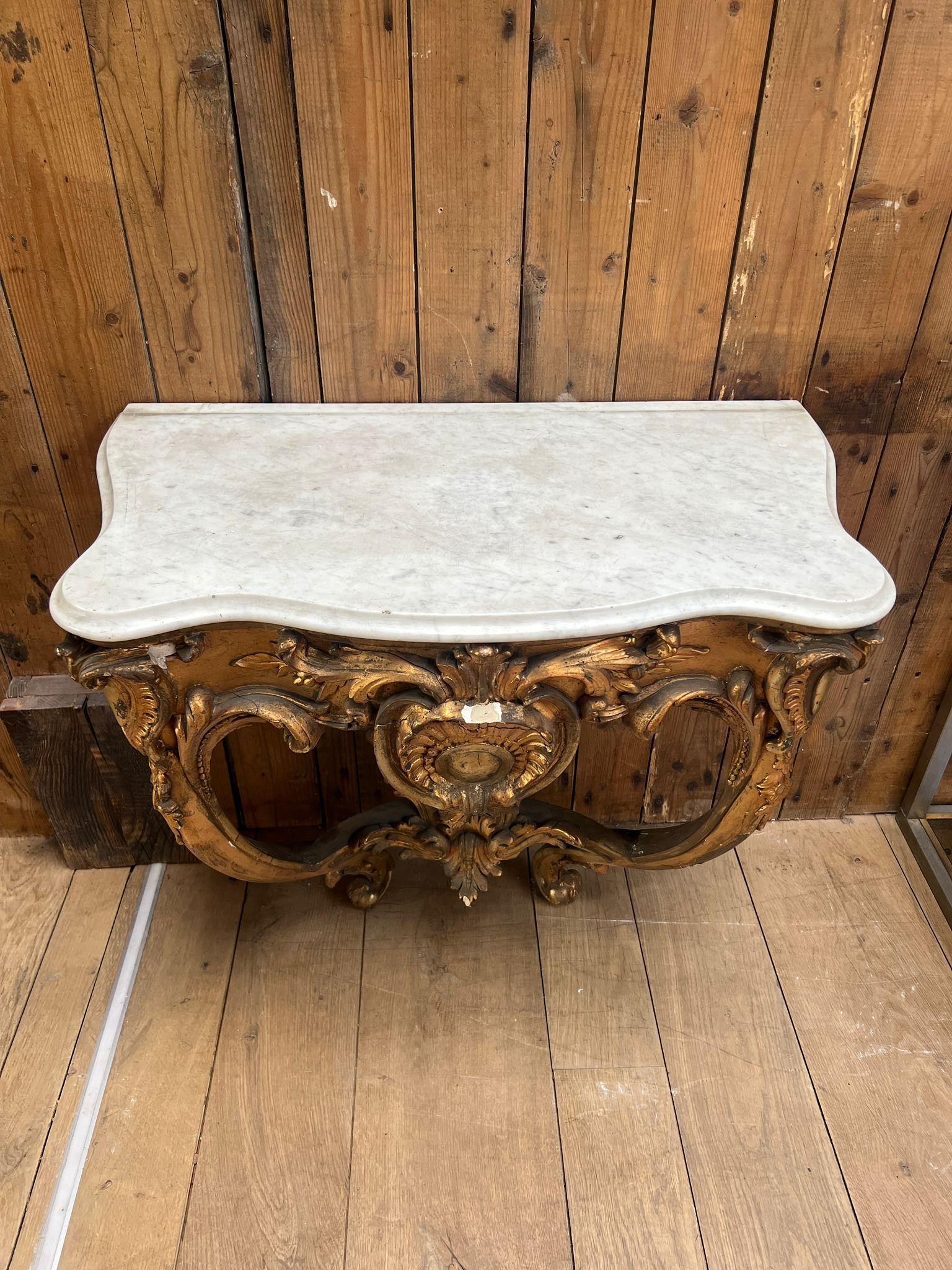French Louis XV-Style Gilded Console Table with Marble Top For Sale