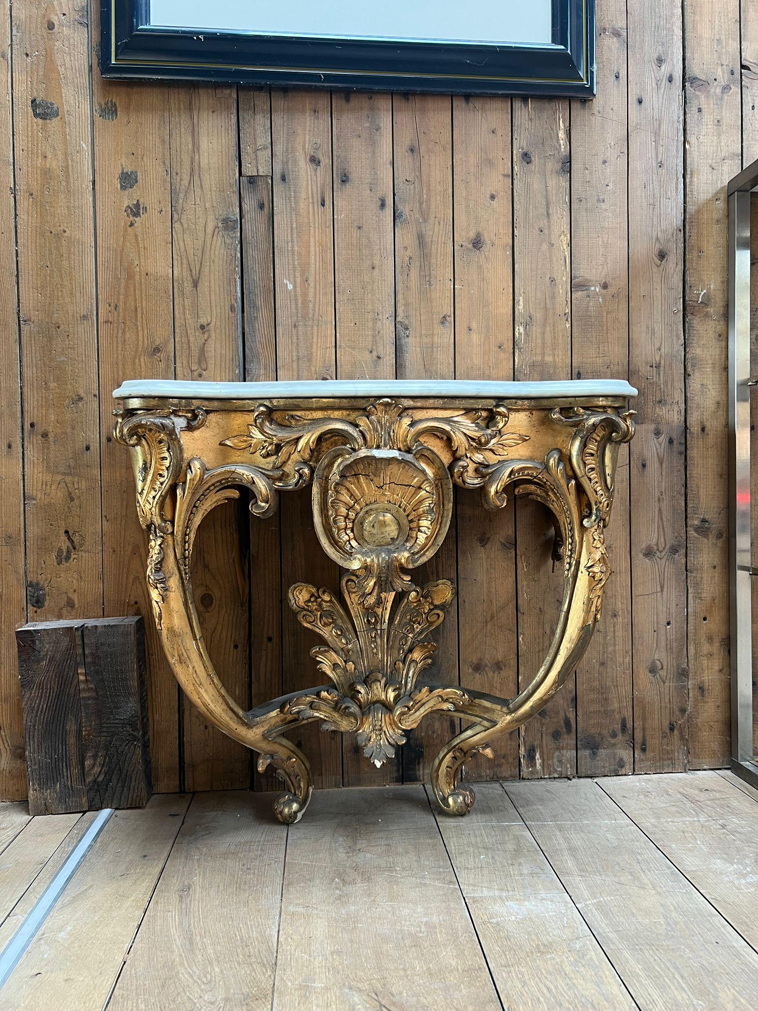 Louis XV-Style Gilded Console Table with Marble Top In Good Condition For Sale In TOURCOING, FR
