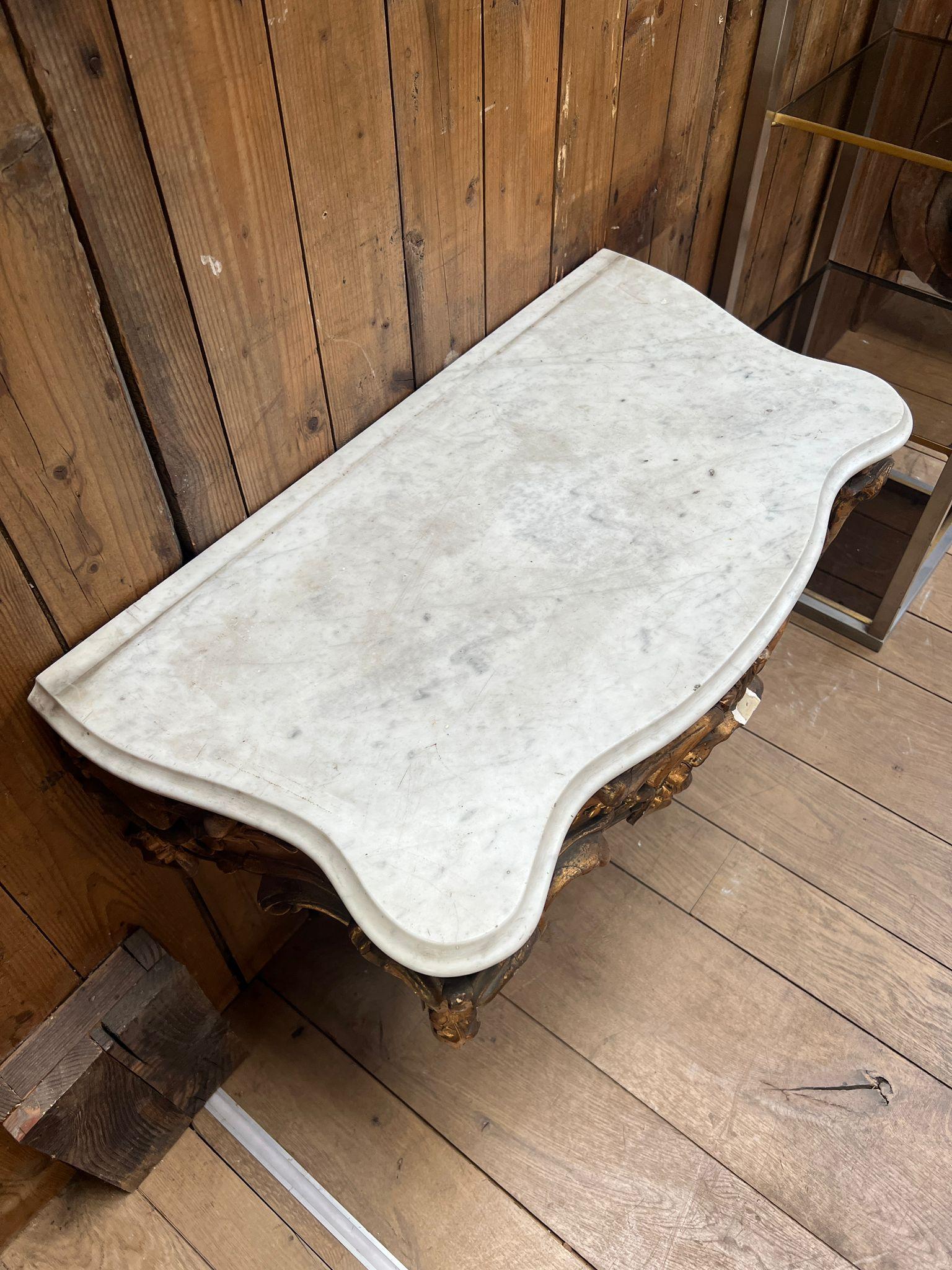 Mid-19th Century Louis XV-Style Gilded Console Table with Marble Top For Sale